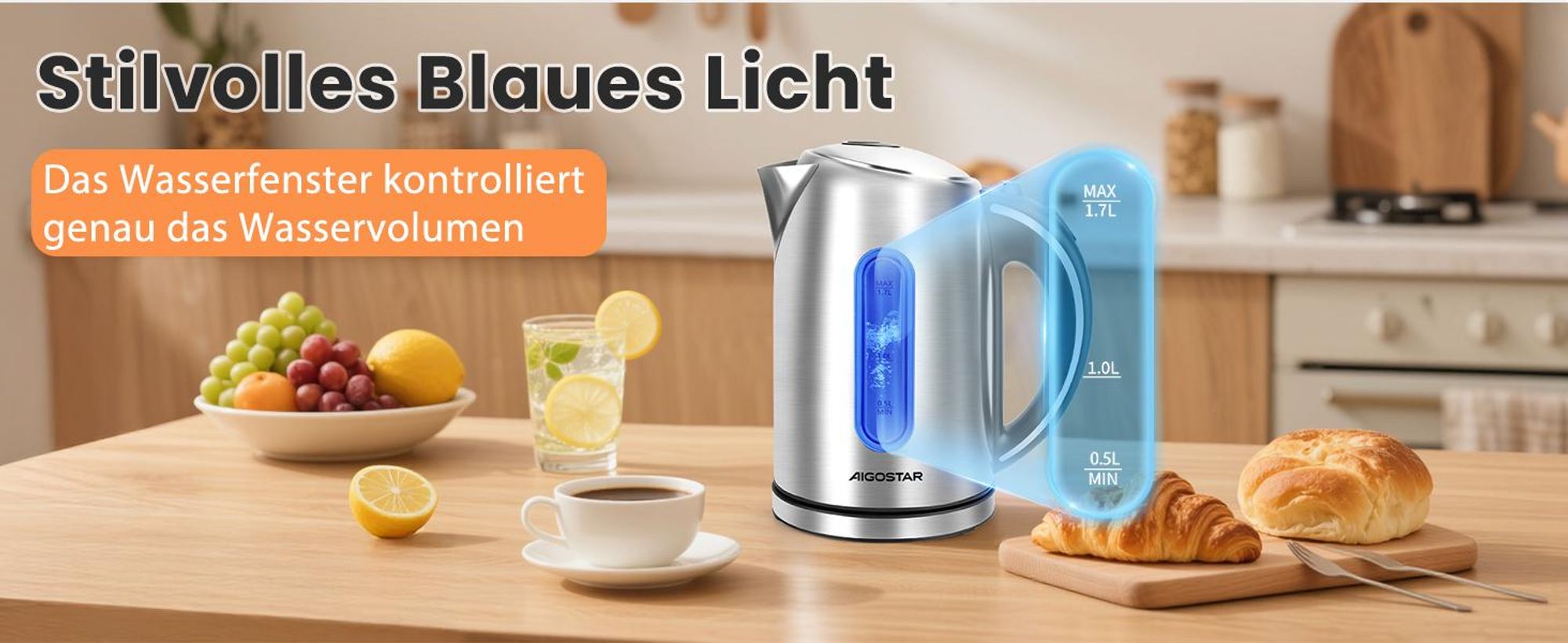 Aigostar - Wasserkocher Edelstahl 1,7L, 2200W, mit Kalkfilter, LED Beleuchtung, Mit Wasserstandsanzeige, Schnelles Kochen, Abschaltautomatik, BPA frei