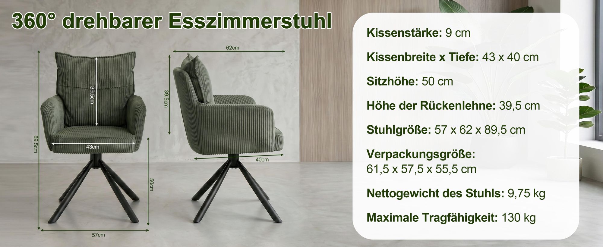 Duhome Esszimmerstuhl Armlehnstuhl Drehbar aus Kordsamt, 360° Drehstuhl Schminktisch Stuhl Computerstuhl für Esszimmer Wohnzimmer Küche Grün