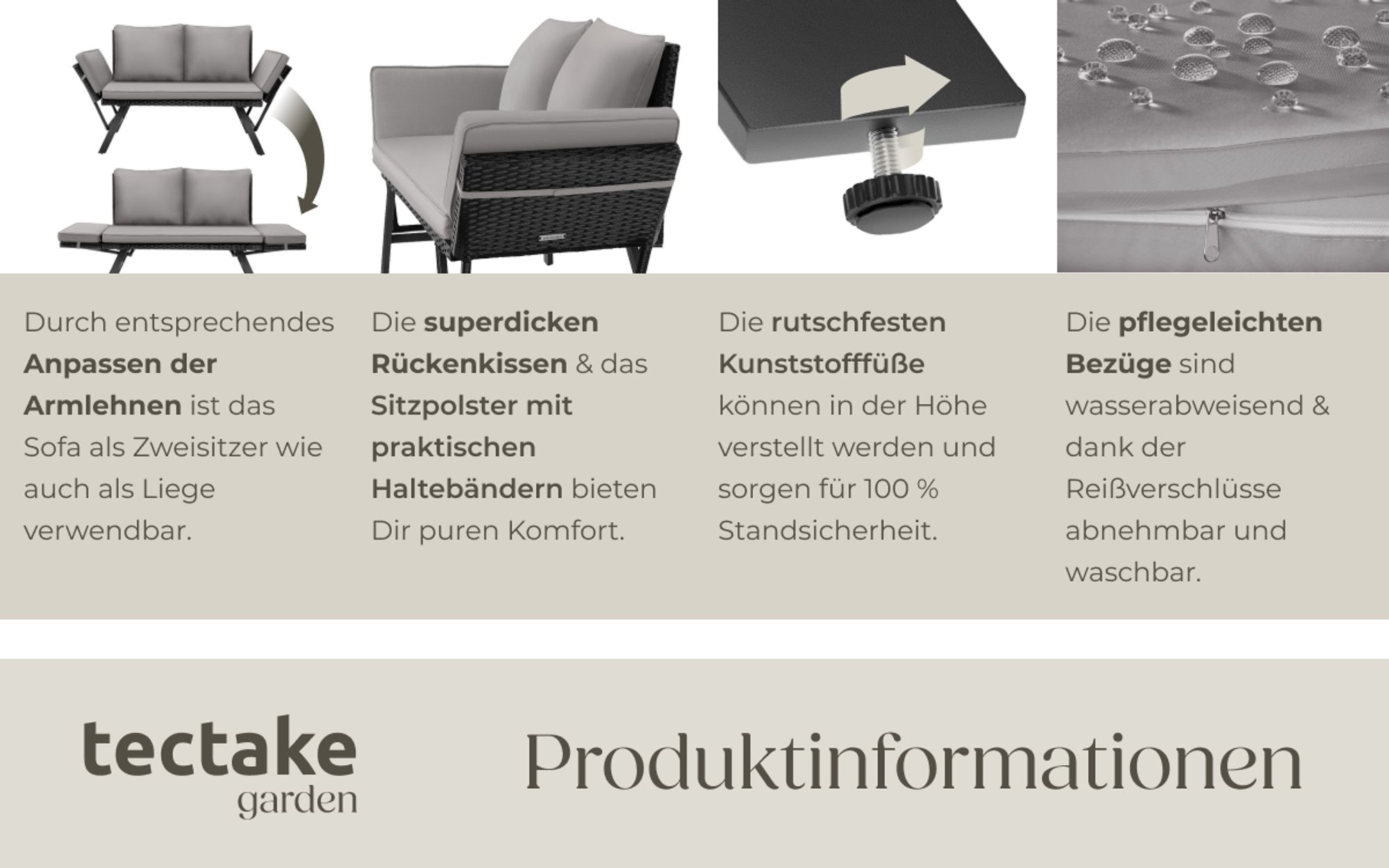 tectake® Rattan-Loungesofa Sintra 2in1 Funktion UV-beständiges und wetterfestes Geflecht
