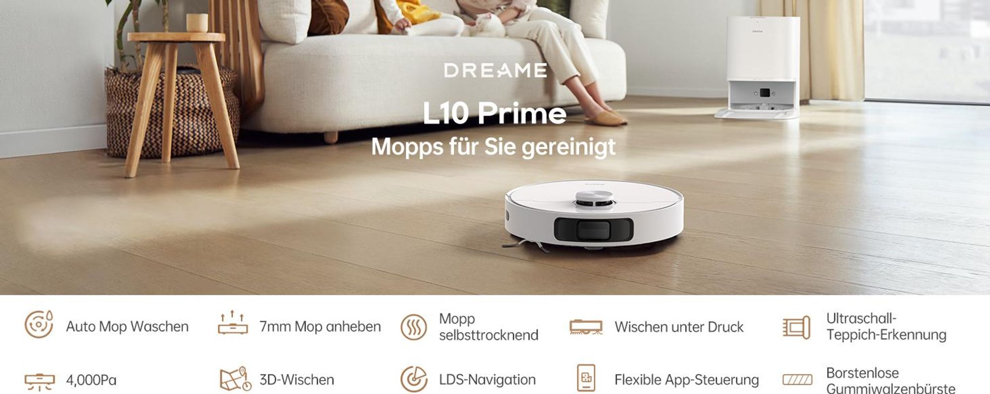 Dreame L10 Prime staubsauger roboter mit wischfunktion,selbstreinigendem Wischmopp,LDS-Navigation,4000 Pa Saugleistung, selbstreinigend, Weiß