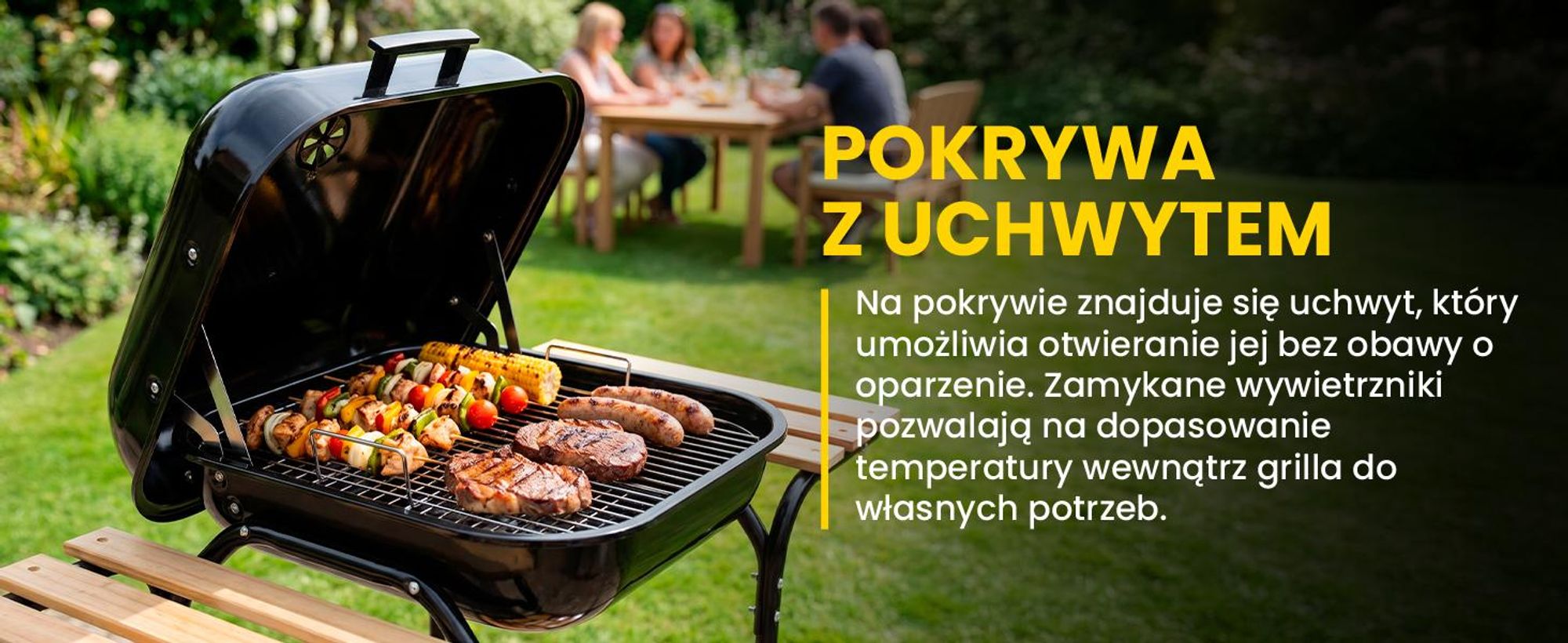 Grill węglowy z dwiema półkami i pokrywą w kolorze czarnym