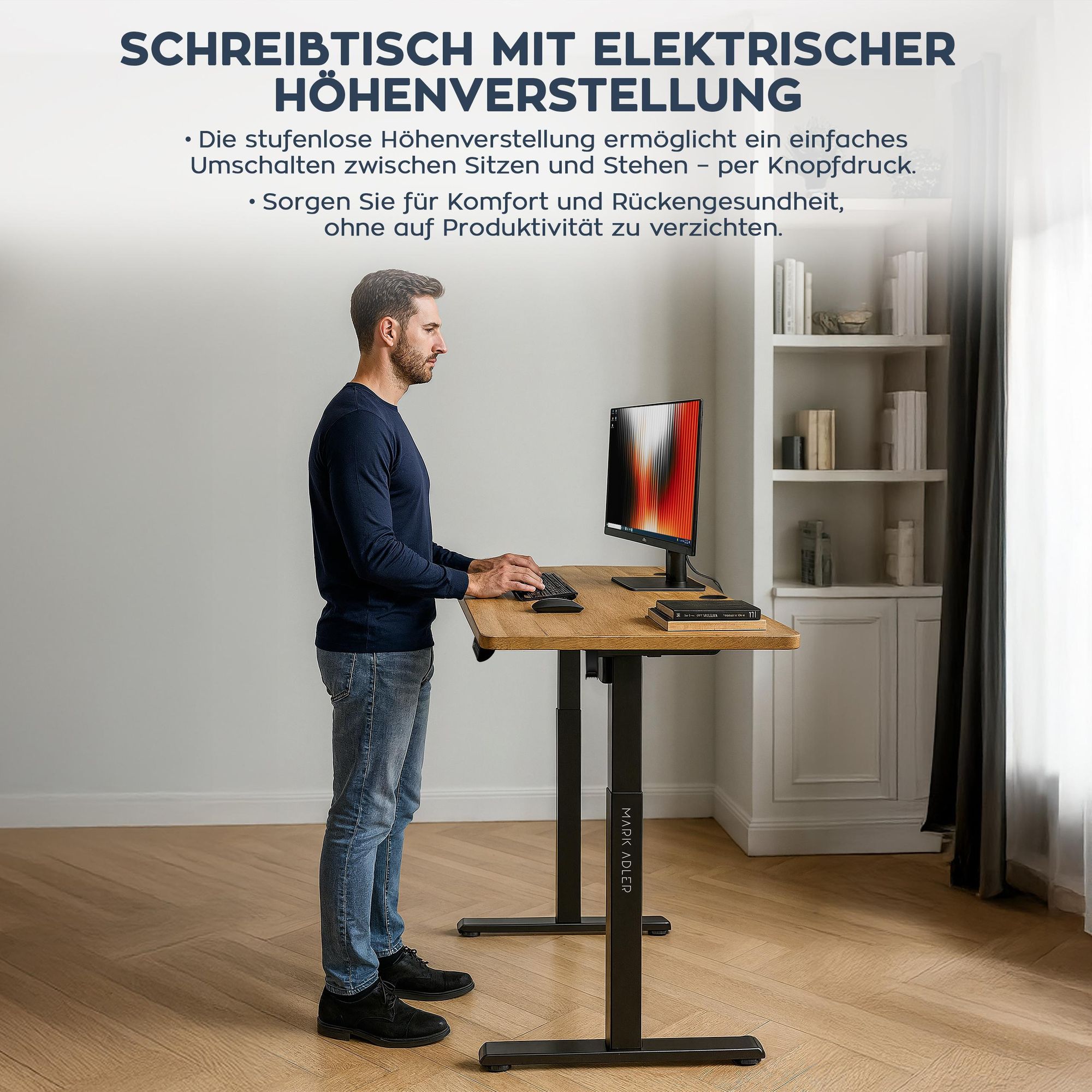 MARK ADLER Leader 7.0 | Höhenverstellbarer Schreibtisch Elektrisch Bürotisch Stehtisch | 120x60 cm | 3 Memory-Steuerung | Memoboard | Schwarz Eiche
