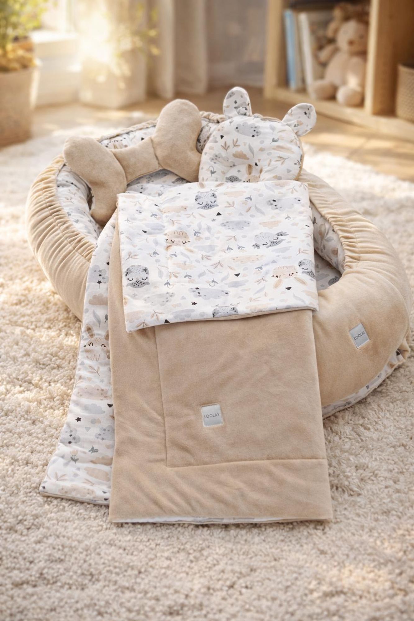 Premium BABYNEST SET 5 tlg. BEIGE Samt Velour/ HASE EULE Baumwolle Nestchen Babyausstattung Geschenk Decke Geborgenheit für Neugeborene