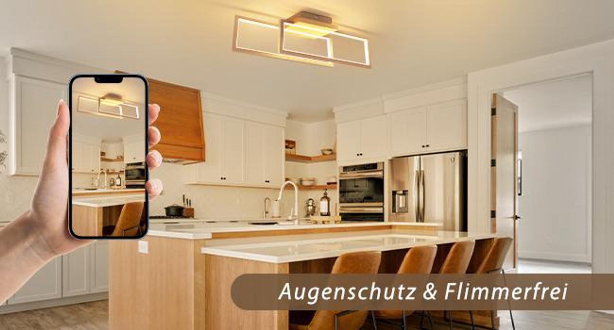 ZMH Lampa sufitowa LED Drewniana lampa sufitowa 24 W Lampa kuchenna Lampa do salonu Lampa ścienna Korytarz Prostokątna do kuchni Salonu Schodów Lampa Ciepła biel 3000 K 48 cm