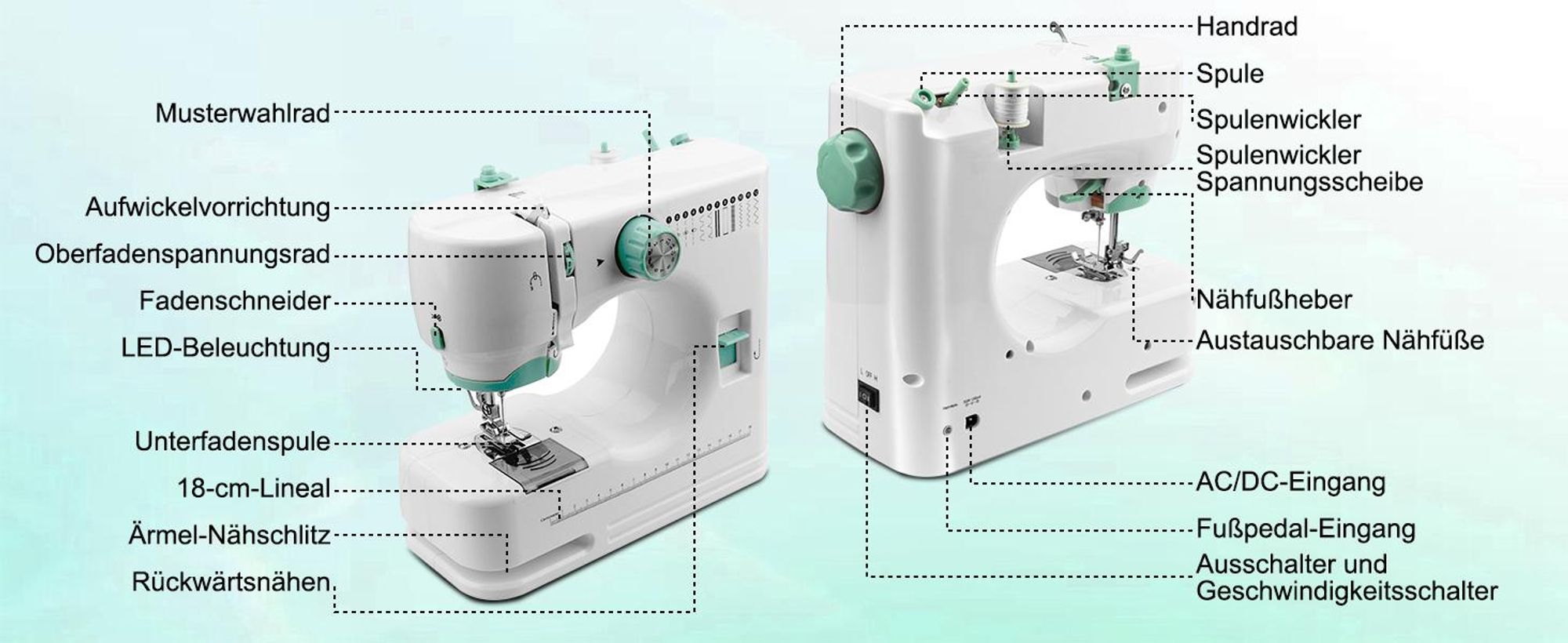 Nähmaschine, Haushaltsnähmaschine, Elektrische Nähmaschine, Strickmaschine, Handnähmaschine, 12 Stichprogrammen, mit Fußpedal, Nähset, für Nähanfänger