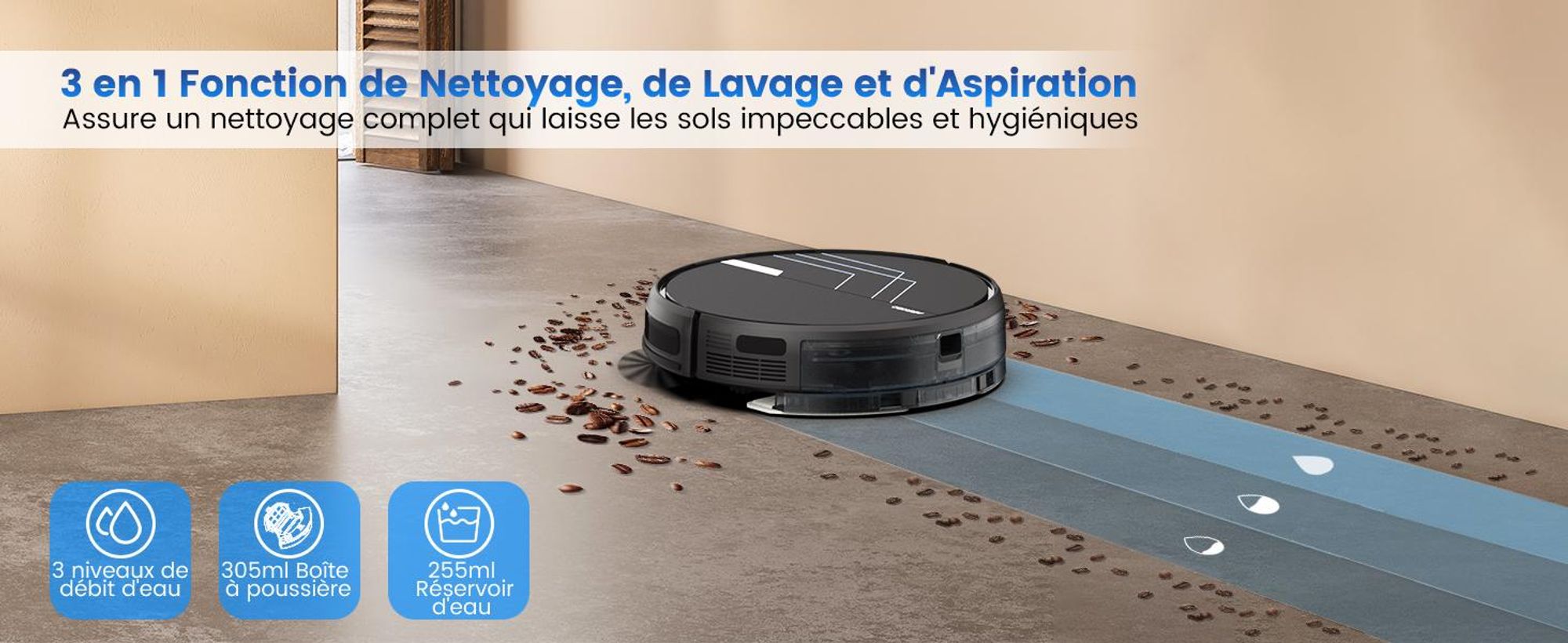 AIRROBO P30 Robot aspirateur avec fonction balayage 2 en 1, Aspirateur robot, 2600mAh, 2800Pa, WLAN, Idéal pour poils d'animaux, tapis, sols durs