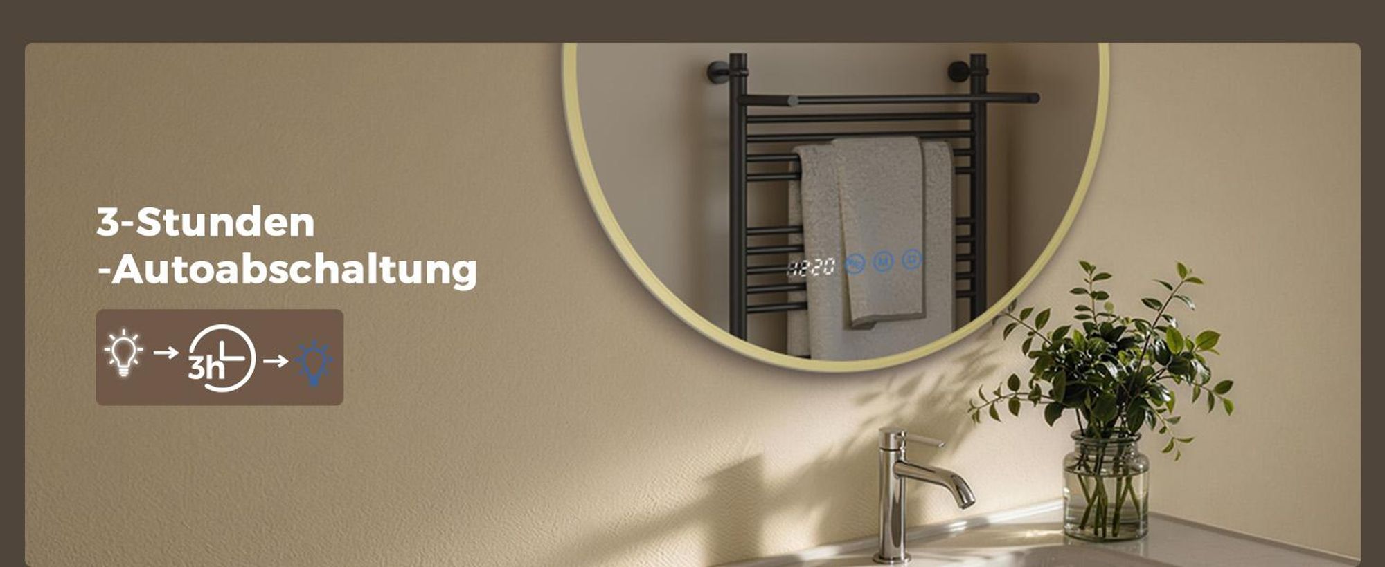 S'AFIELINA LED Badezimmerspiegel Rund Ø70 cm, Goldener Rahmen, 3 Lichtfarben, stufenlos dimmbar, Antibeschlag, Uhr & Temperaturanzeige, Memory