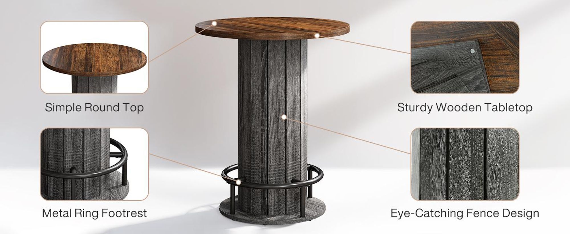 Tribesigns Runder Bartisch, 100 cm hoch, Bistrotisch aus Holz mit Metallring-Fußstütze für Essbereich, Kaffeebar, Cocktailbar, Wohnzimmer,Braun & Grau