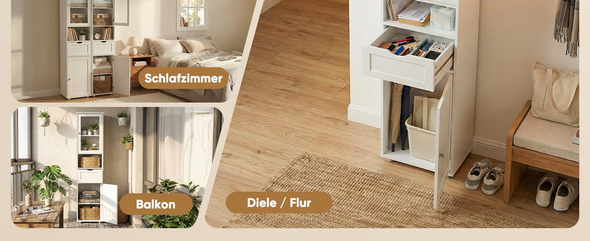 HOKEEPER Hochschrank Badezimmer Weiß – Badschrank Schmal mit 2 Türen & Offenen Fächern – Freistehendes Badezimmerregal & Küchenschrank
