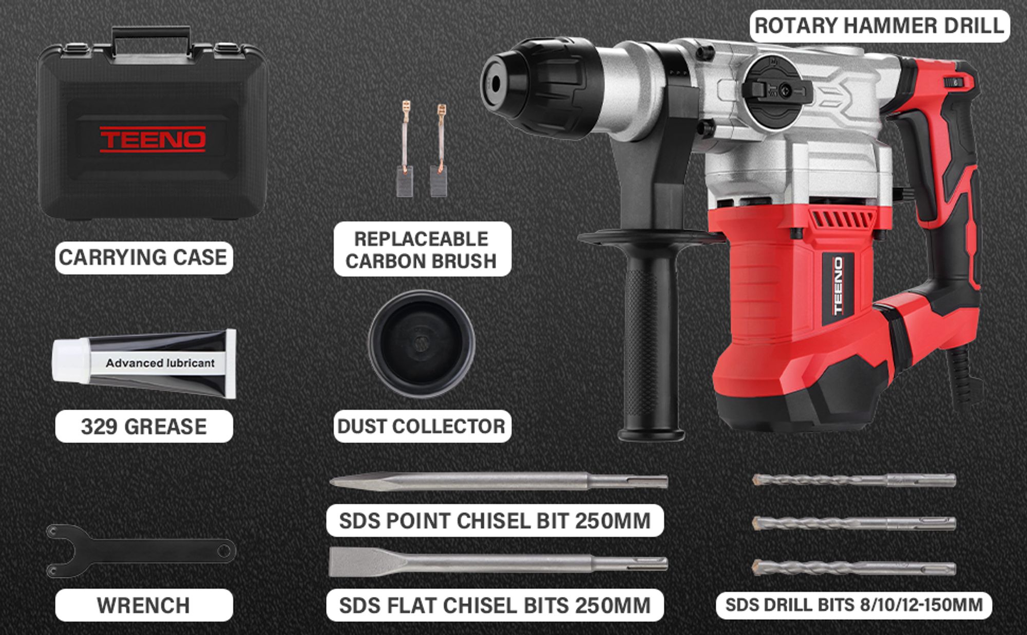 TEENO SDS-Plus 1500W Bohrhammer mit 6-Gang-Geschwindigkeiten, 4 Funktionen und Sicherheitskupplung – Professionelles Werkzeug für Beton, Metall usw.