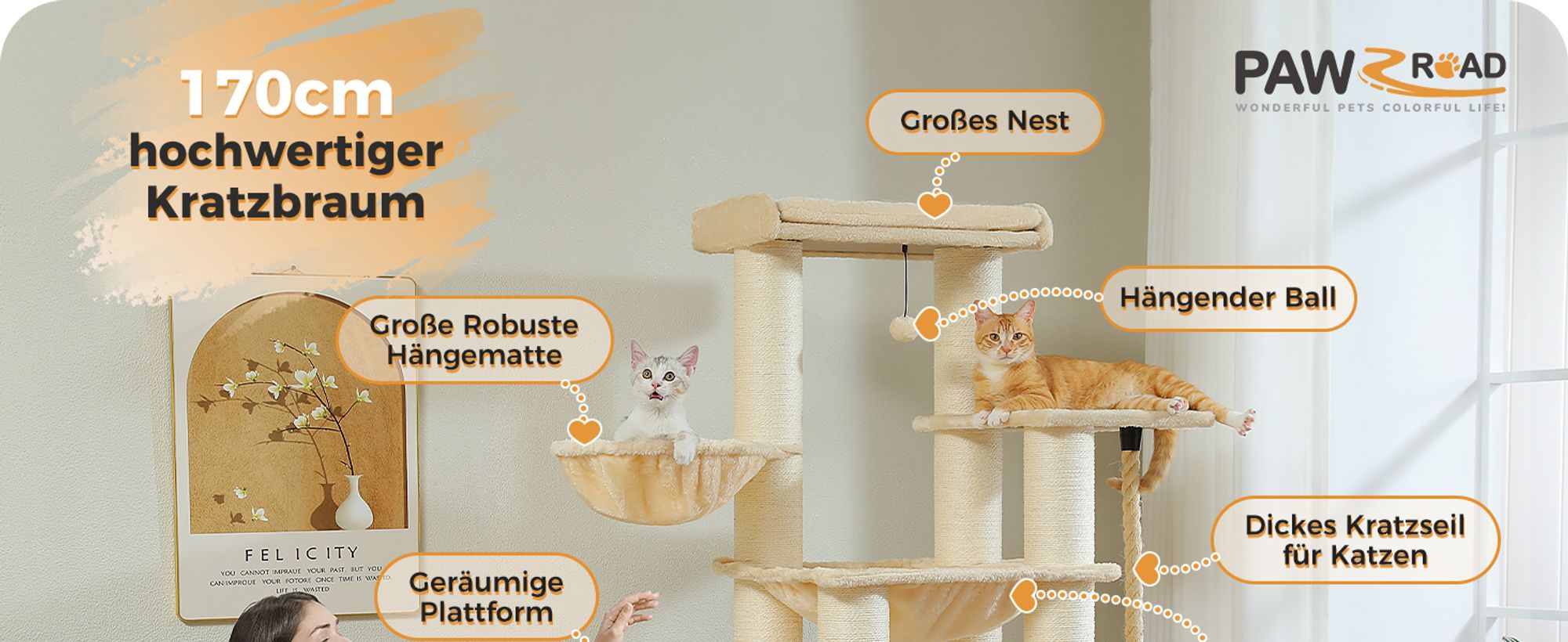 PAWZ Road Kratzbaum Grosse Katzen stabil mit 11cm Stämme, Kratzbaum XXL 170cm