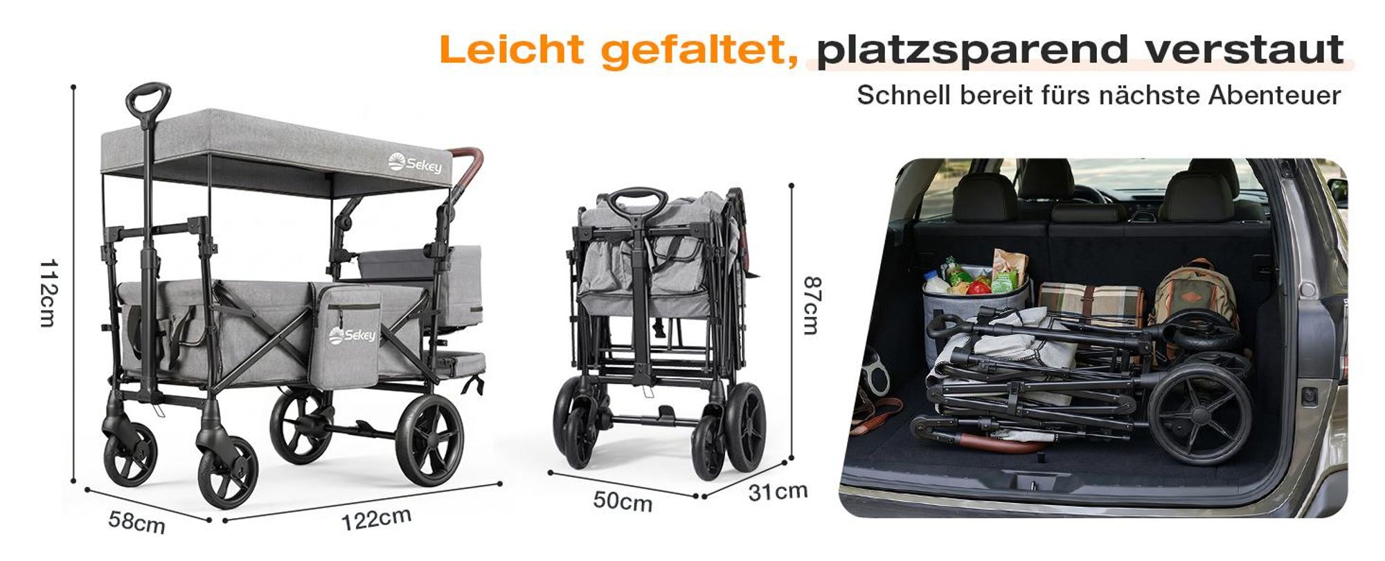 Sekey Bollerwagen Faltbar mit Dach Kinder Bollerwagen mit XXL-Rädern (24/20 cm), mit Zieh-/Schiebegriff, Grau