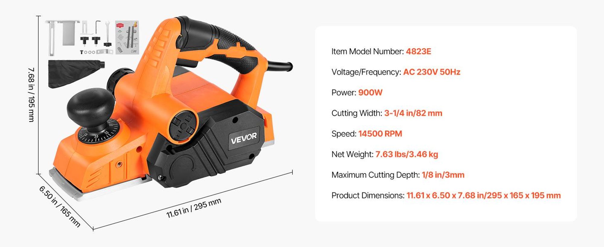 VEVOR Elektrohobel, 82 mm Schnittbreite, 900 W, 14500 U/min, Handhobel für Holz, mit einstellbarer Schnitttiefe, 2 Klingen, für Holzbearbeitung, Holzfasen, Heimwerkerarbeiten, Hobelmaschine