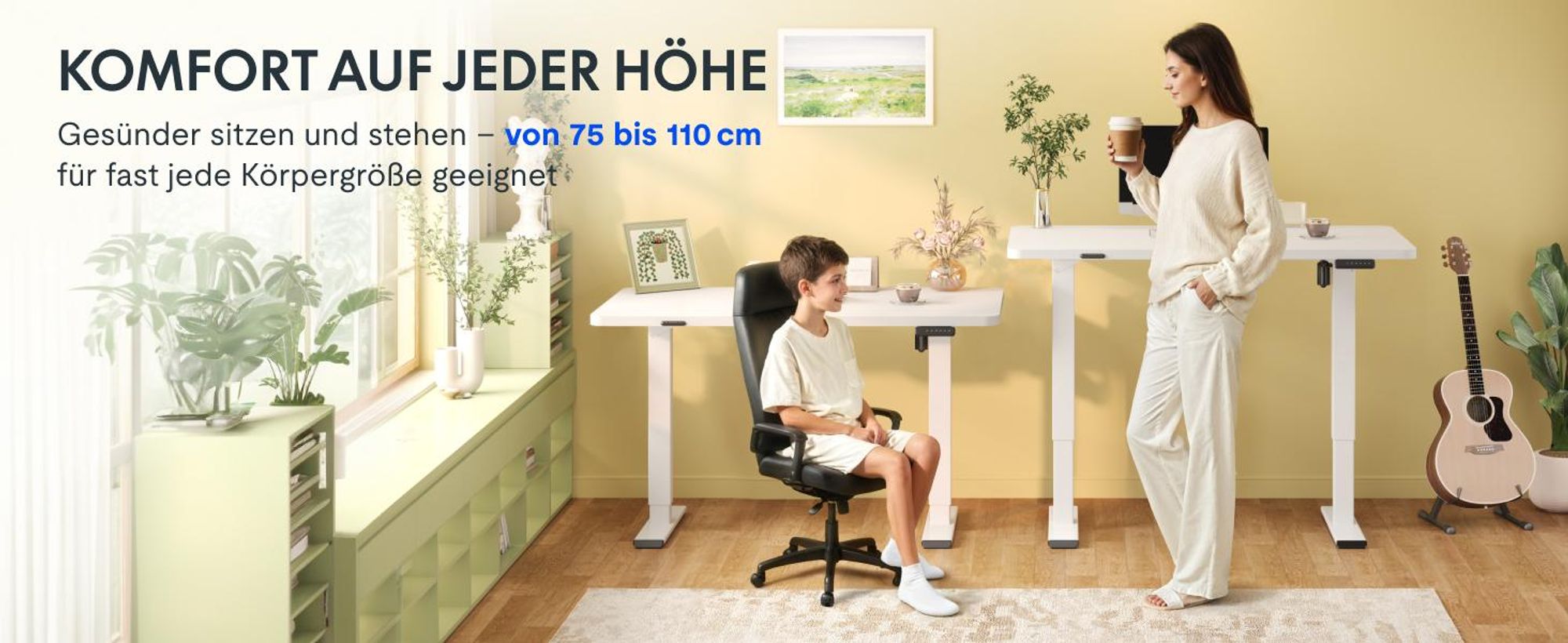 FLEXISPOT EN1 Höhenverstellbarer Schreibtisch 100x60cm elektrisch mit einteiliger Tischplatte, Kabelmanagement & Ablagefach, 4 Memory-Funktion (Weiß)