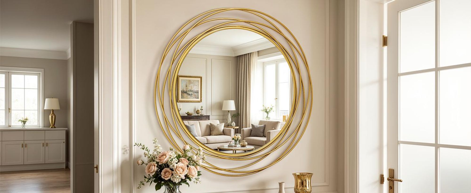 WISFOR Wandspiegel rund Gold 80 cm, Dekospiegel mit kunstvollem Metallrahmen für Wohnzimmer und Flur