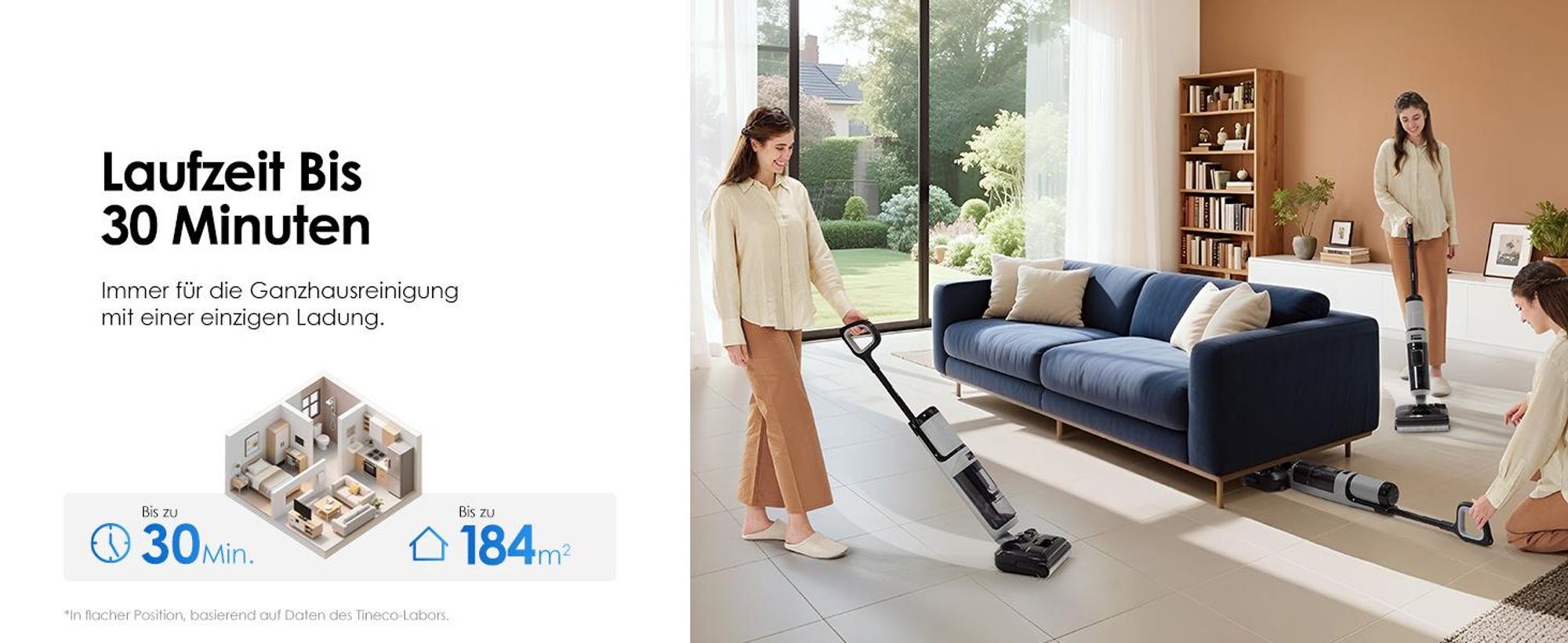Tineco FLOOR ONE i5 Stretch Nass Trockensauger, 180° Lay-Flat Waschsauger, 20kPa Saugkraft, Beidseitige Kantenreinigung, 30 Min, Anti-Tangle