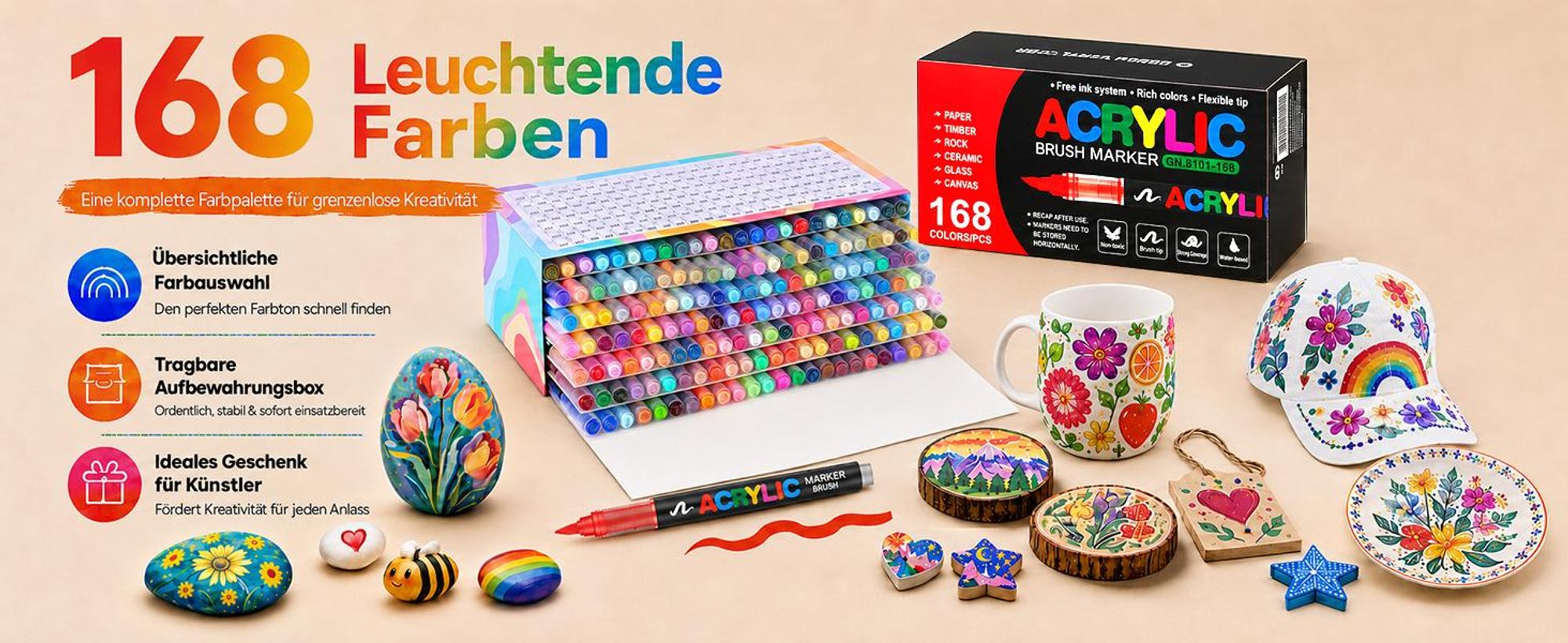 Acrylstifte, 168 Farben Graffiti Stifte, Markerstifte, Permanent Acrylic Marker, für Steinen, Glas, Leinwand, Keramik, Holz