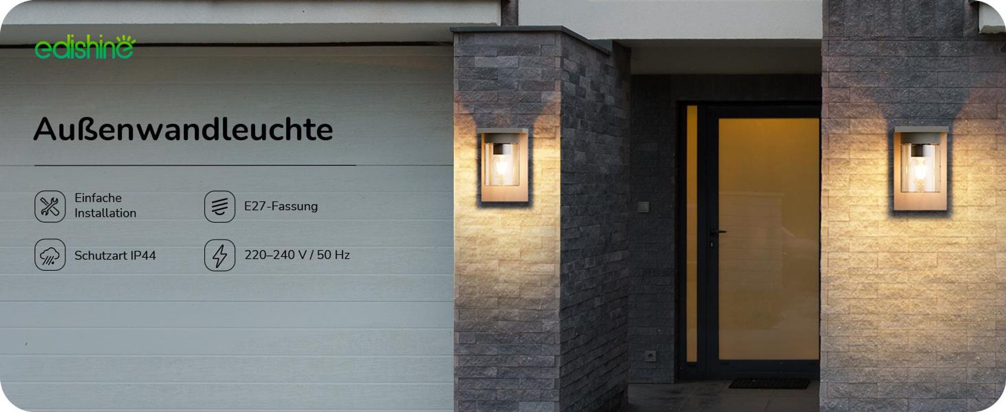 EDISHINE Wandleuchte Außen,Wandlampe E27 max. 15W, IP44 Außenleuchte, Anthrazit