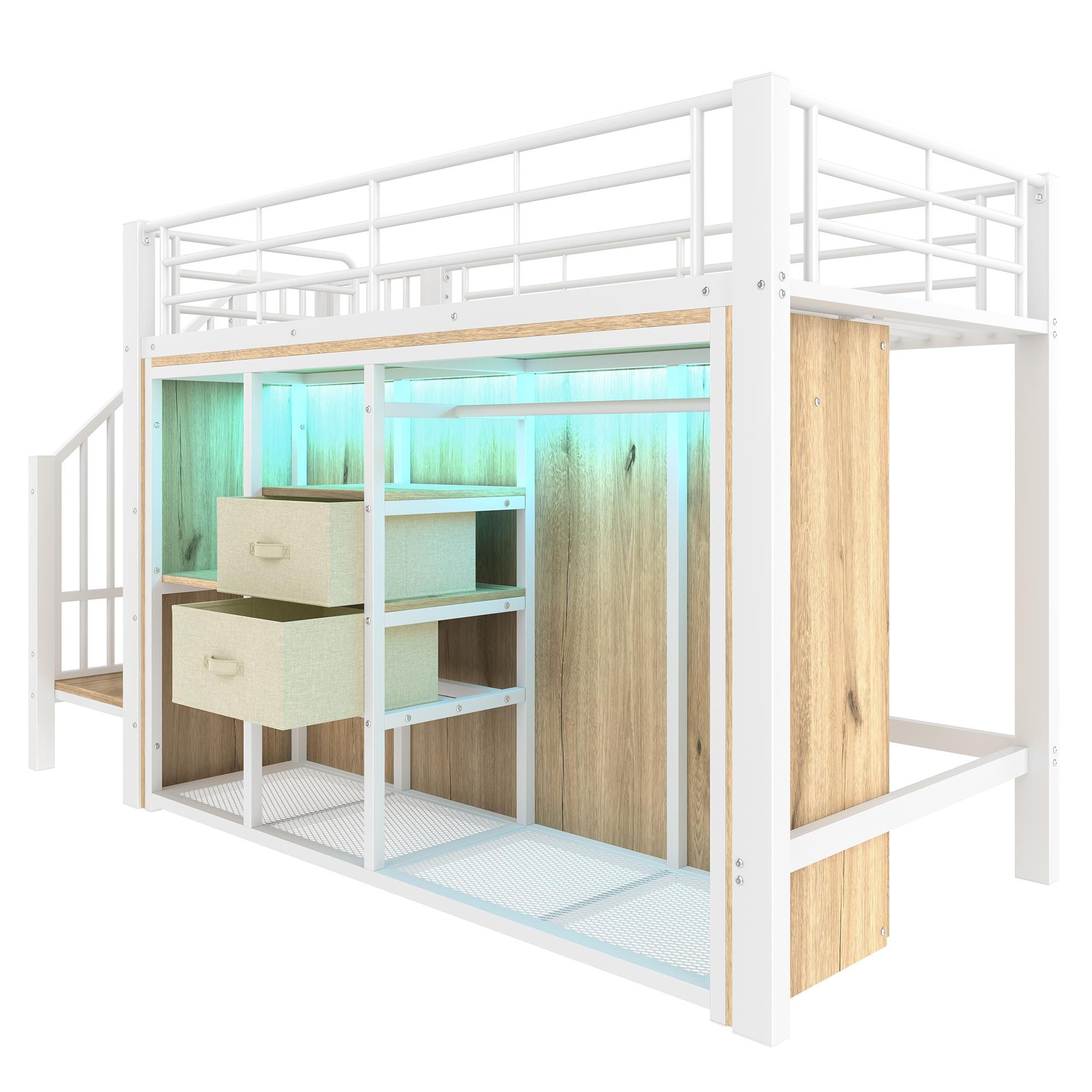 Flieks Etagenbett 90x200cm mit Led, Jugendbett Metallbett mit Schubladen und Kleiderstange, Kinderbett Hochbett mit Treppe, Weiß