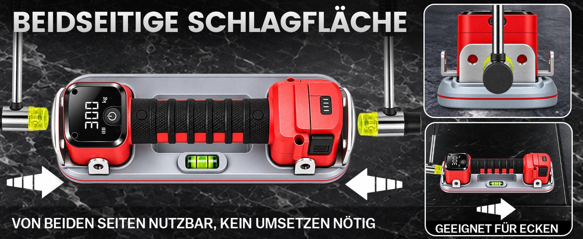 2x Akku Saugheber 26cm Elektrischer Nachsaugend Vakuum Saugnapf 300KG Saugkraft, 3×4Ah Akku LCD-Anzeige Plattenheber für Fliesen Glas Terrassenplatten