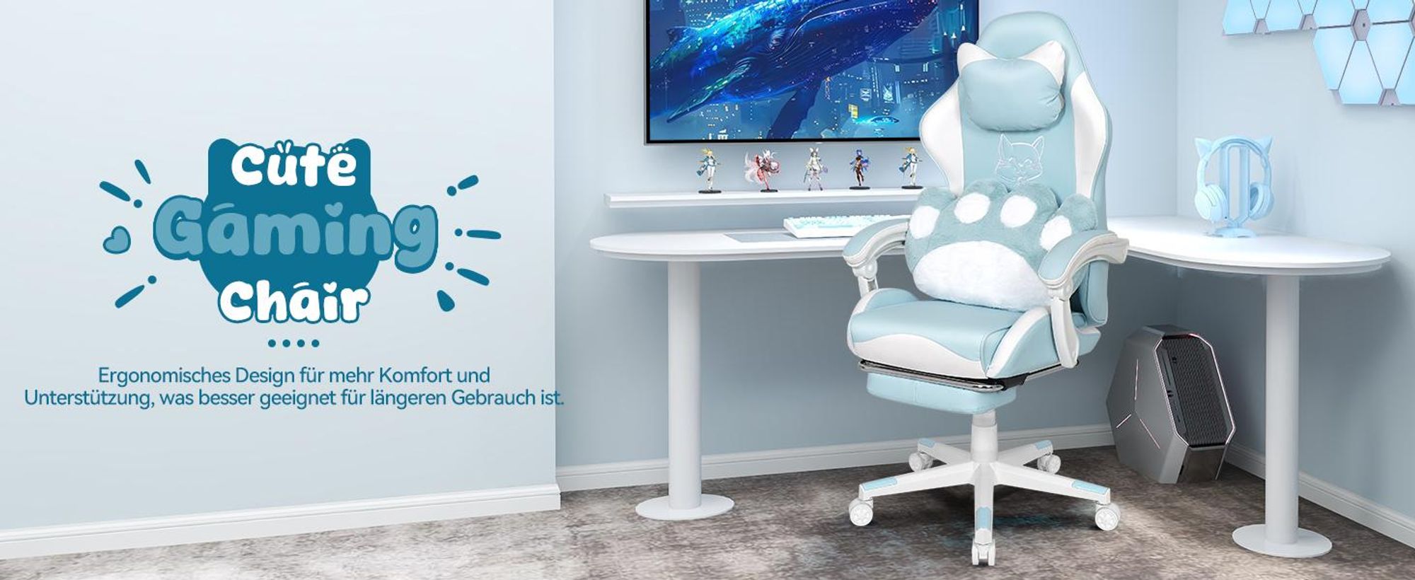 Puluomis Gaming Stuhl mit Fußstütze, Bürostuhl Chefsessel Schreibtischstuhl Racing Stuhl ergonomisch drehbar höhenverstellbar Katze Weiß Blau
