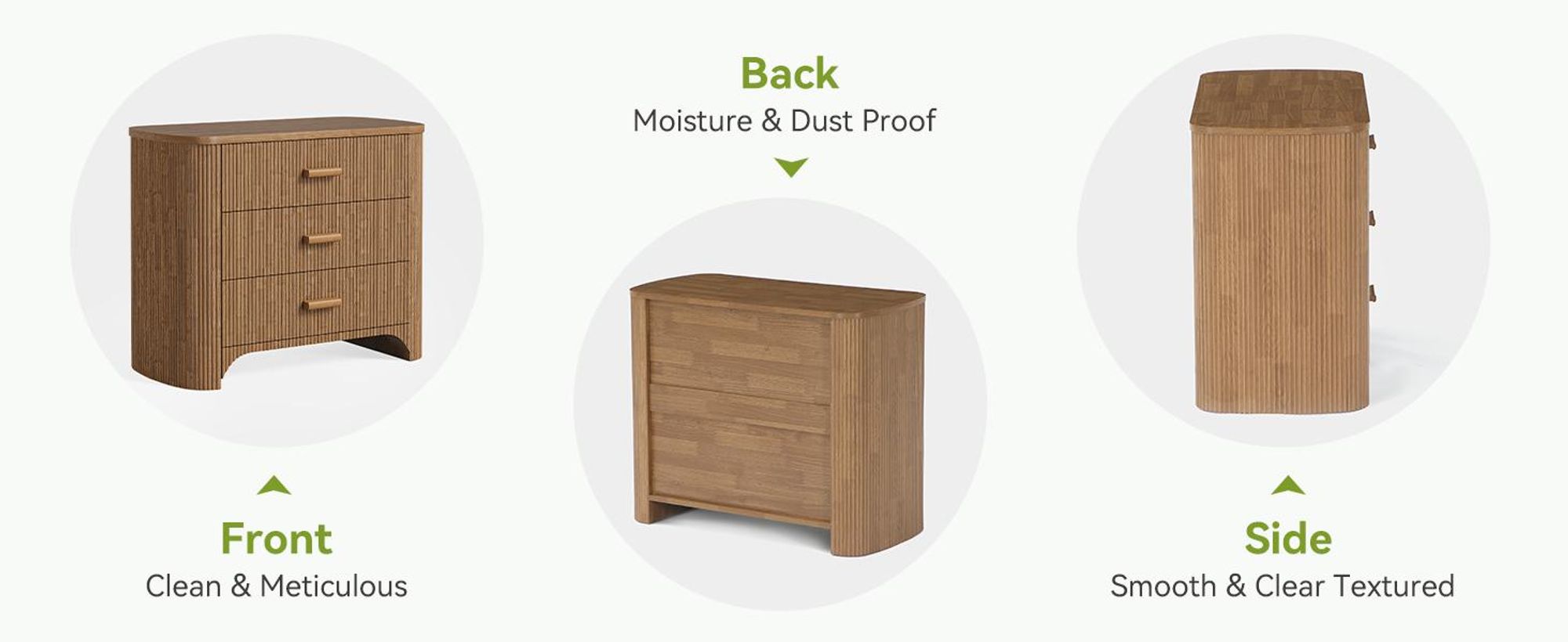 Nachttisch, breiter Nachttisch mit 3 Schubladen, übergroßer Beistelltisch mit geriffelter im Mid-Century-Modern-Stil