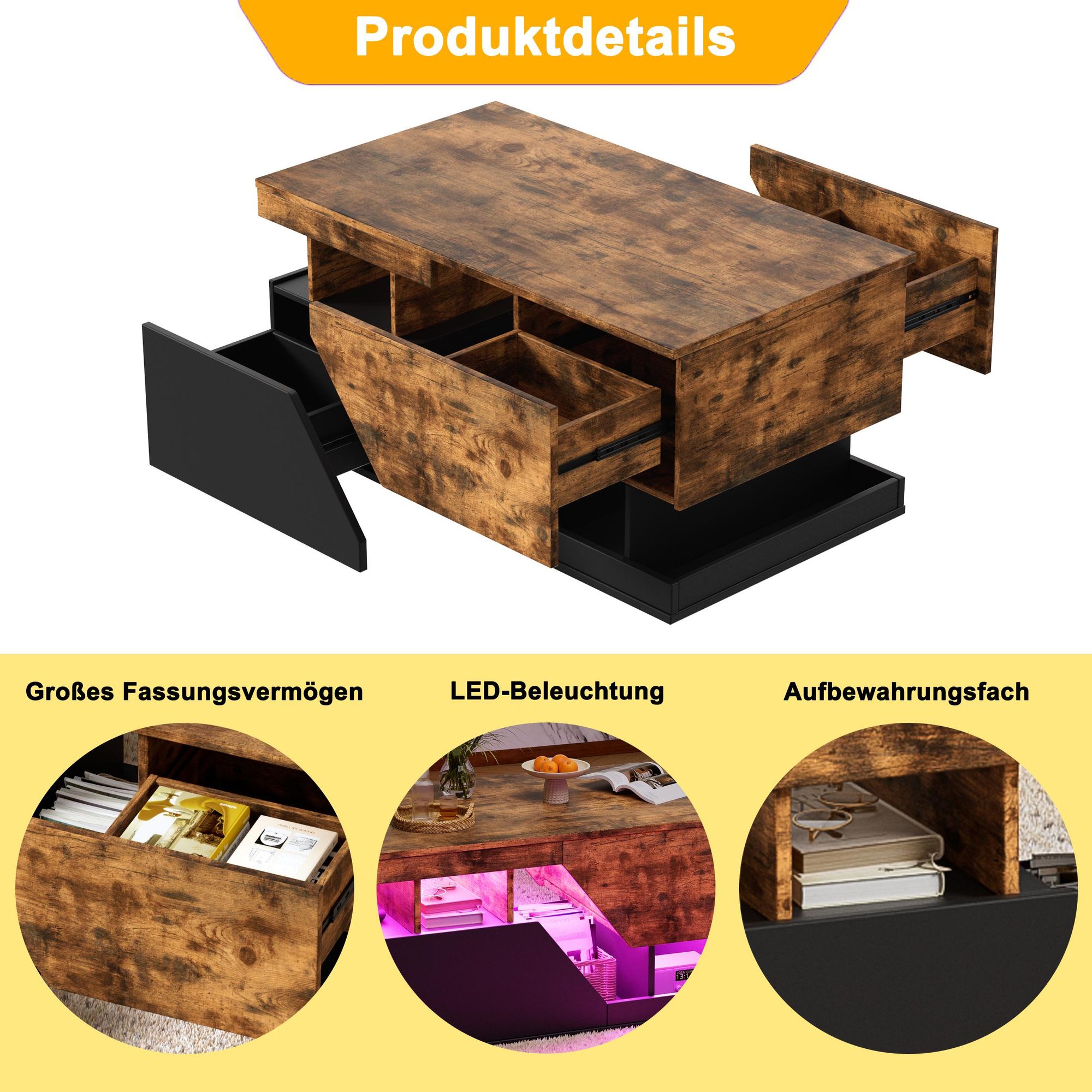 TWSOUL Couchtisch Moderner Couchtisch mit LED-Beleuchtung,Wohnzimmertisch mit RGB-Licht Schubladen & großem Stauraum,90*50*43cm