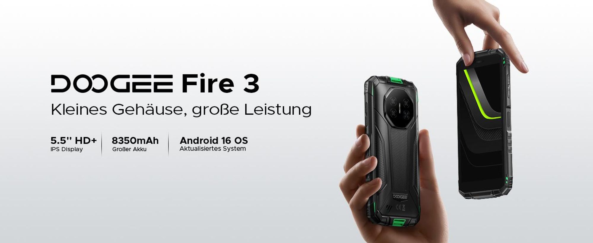 DOOGEE Fire 3 Outdoor Smartphone Handy, 4G, Android 16, IP68/IP69K, 5,5" HD+, 8350mAh, 12+64GB, 13MP, NFC, Gesichtserkennung, ohne Vertrag