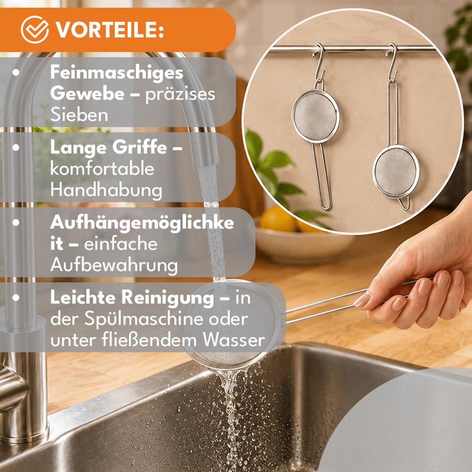 KRUMAD Küchensieb Set 3-teilig, Edelstahl Sieb feinmaschig, Mehlsieb, Passiersieb mit Griff, Abtropfsieb für Küche, Backen und Kochen
