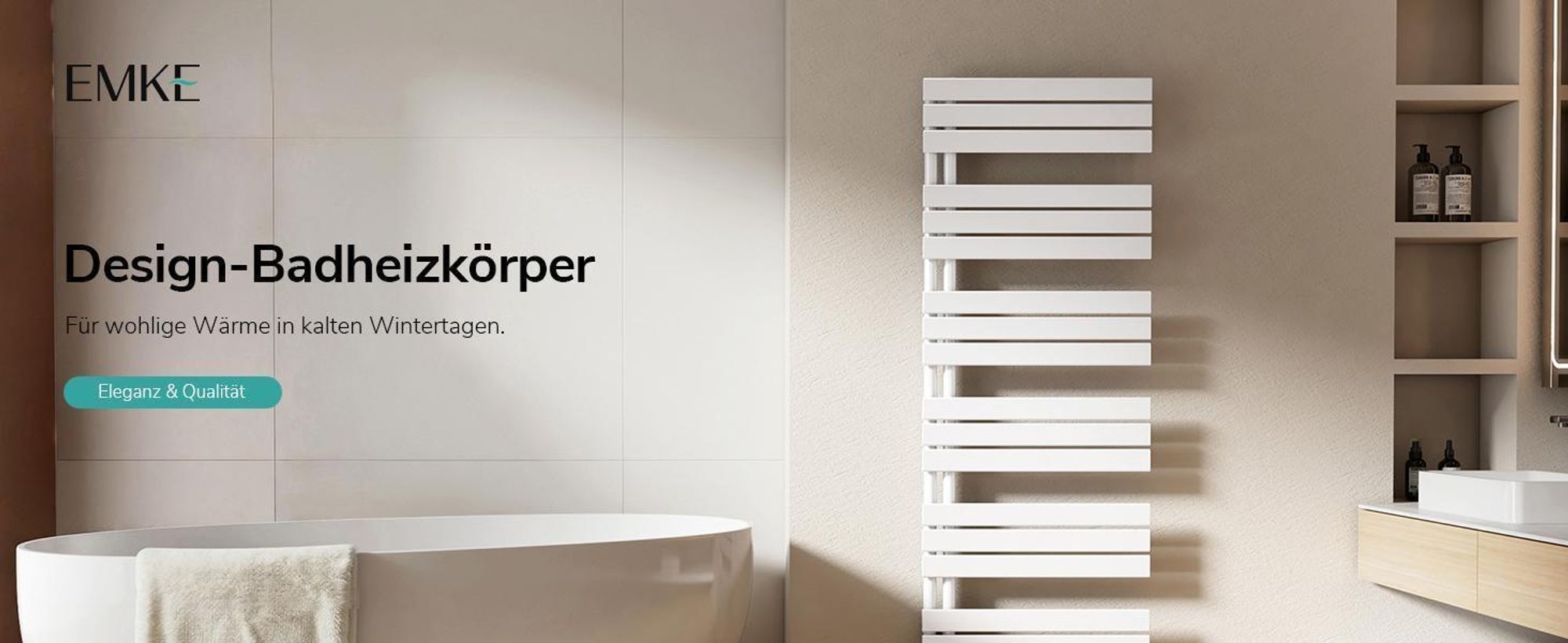 EMKE Badheizkörper Paneelheizkörper Seitenanschluss Wandmontage Warmwasser Handtuchtrokner Handtuchwärmer 1320 x 400 mm Weiß ohne Heizstab