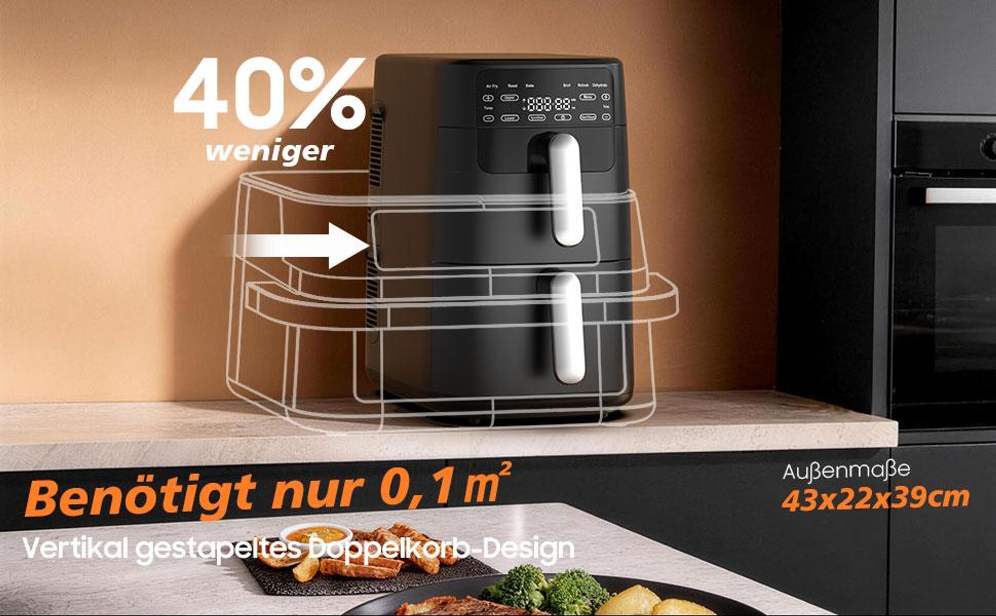 XXL 10L Dual-Korb Air Fryer mit 2700W Leistung & 360° Heißluftzirkulation – Platzsparendes Design, 6 Programme & Knusprige Ergebnisse mit Wenig Öl