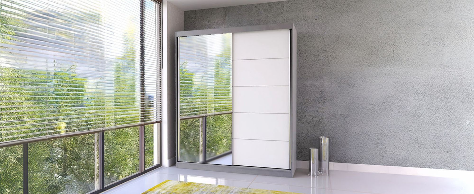 Schwebetürenschrank Kleiderschrank Bella 03, 183 cm, Grau/Weiß, mit Spiegel