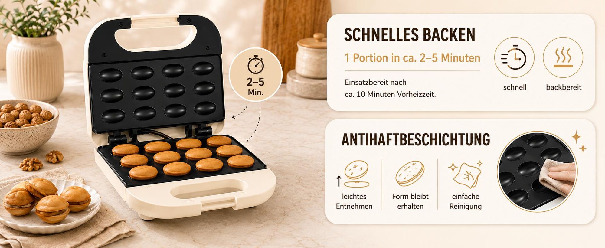 Nussgebäck-Maker Keksform 750W 12 Hälften Antihaftbeschichtet Zn1000N