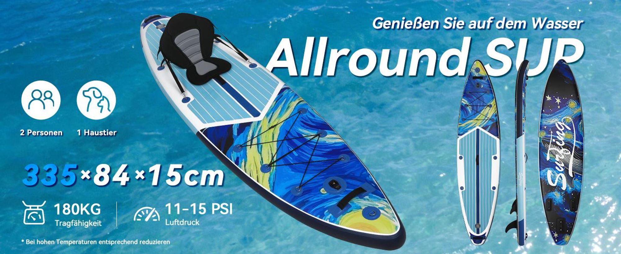 Puluomis SUP Board mit Sitz 335cm, Stand Up Paddle Boards Set, Paddling Paddelboard Surfbrett Aufblasbar, Pumpe Tragetasche, MB. bis 150Kg Blau
