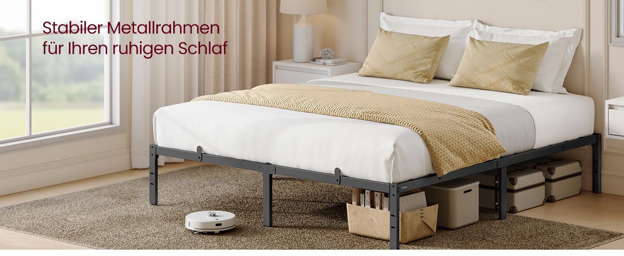 VASAGLE Doppelbettgestell, Bett, 180 x 200 cm, Metallbett, Bettrahmen, Unterbettaufbewahrung, modern, Gästebett