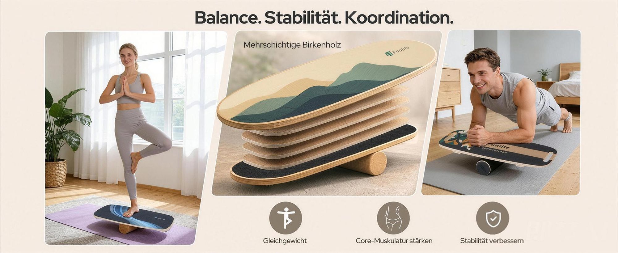 FunLife Balance Board aus Birkenholz mit Rolle ALPINE – Stabiler Gleichgewichtstrainer für Core Training, Fitness & Balance, Rutschfest & Langlebig