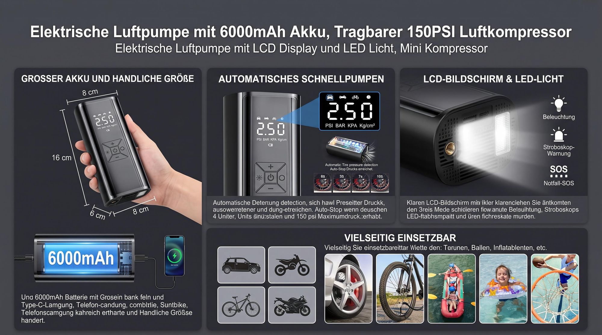 Elektrische Luftpumpe mit 6000mAh Akku, Tragbarer 150PSI Luftpumpe, elektrischer Luftkompressor mit LCD Display & LED Licht, Mini Kompressor