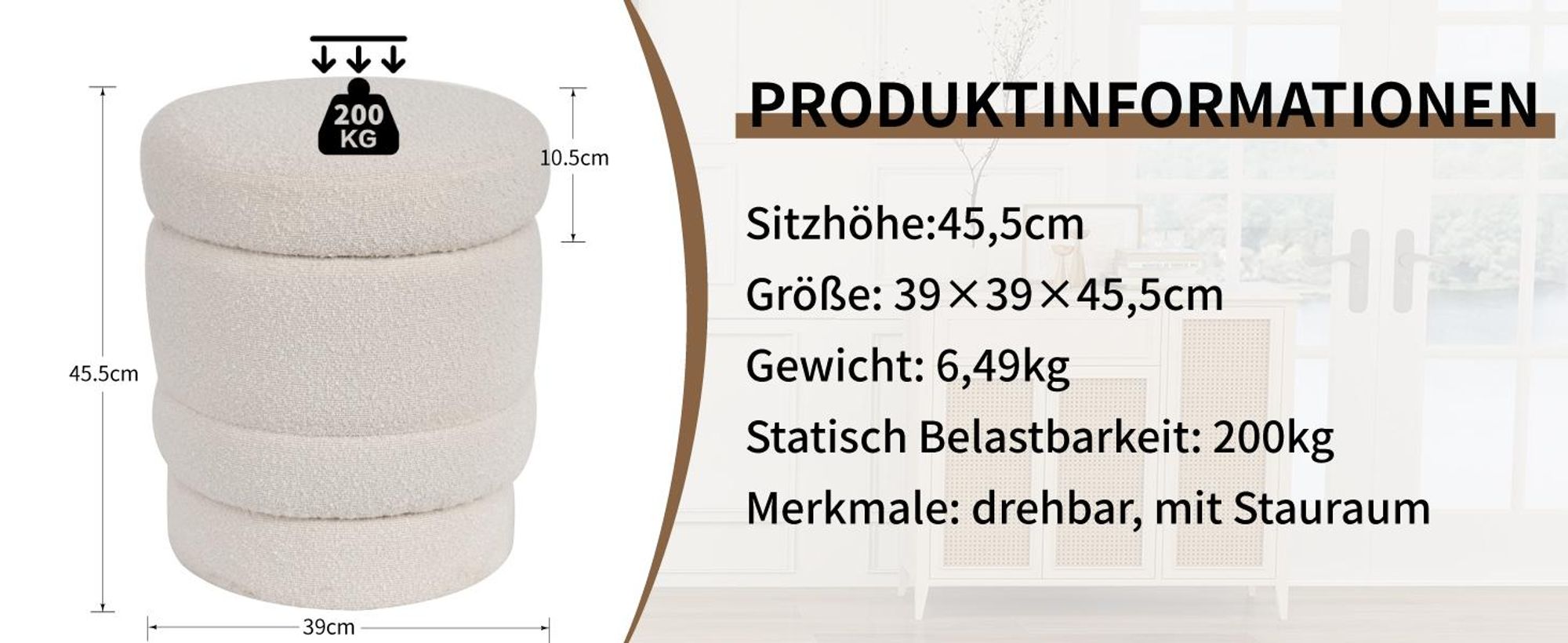 Duhome Ottoman Drehbar Rund Sitzhocker mit Stauraum Polsterhocker mit Deckel Stauhocker für Schlafzimmer Wohnzimmer Flur, Weiß