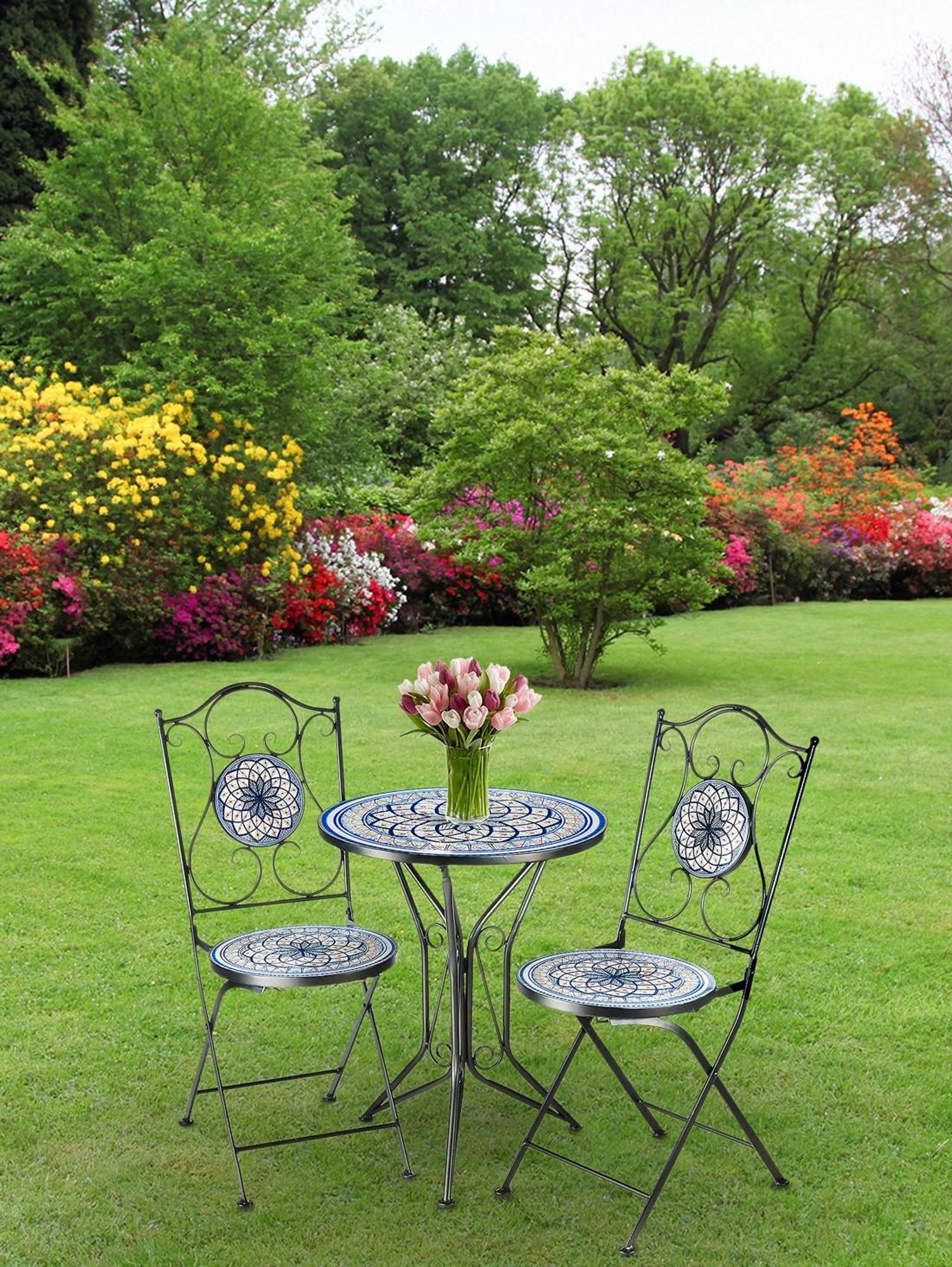 Kobolo Sitzgruppe Gartenmöbel Mosaikoptik - 1 Tisch - 2 Stühle - Metall - blau-weiß