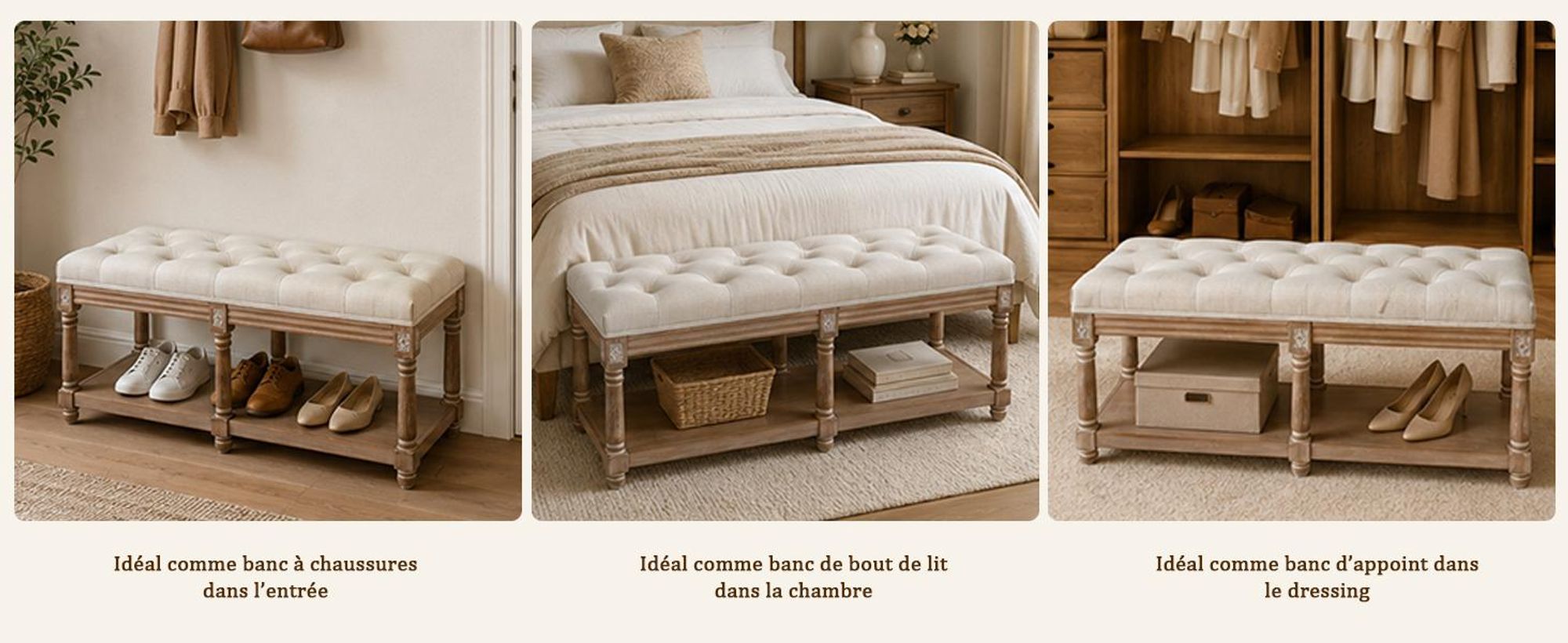 Banquette Coffre avec Rangement, Banc Bout de Lit, Beige 2 Places Rétro Banc Chaussures en Bois,Pour entrée et chambre, banc de vestiaire, 114×40×49cm