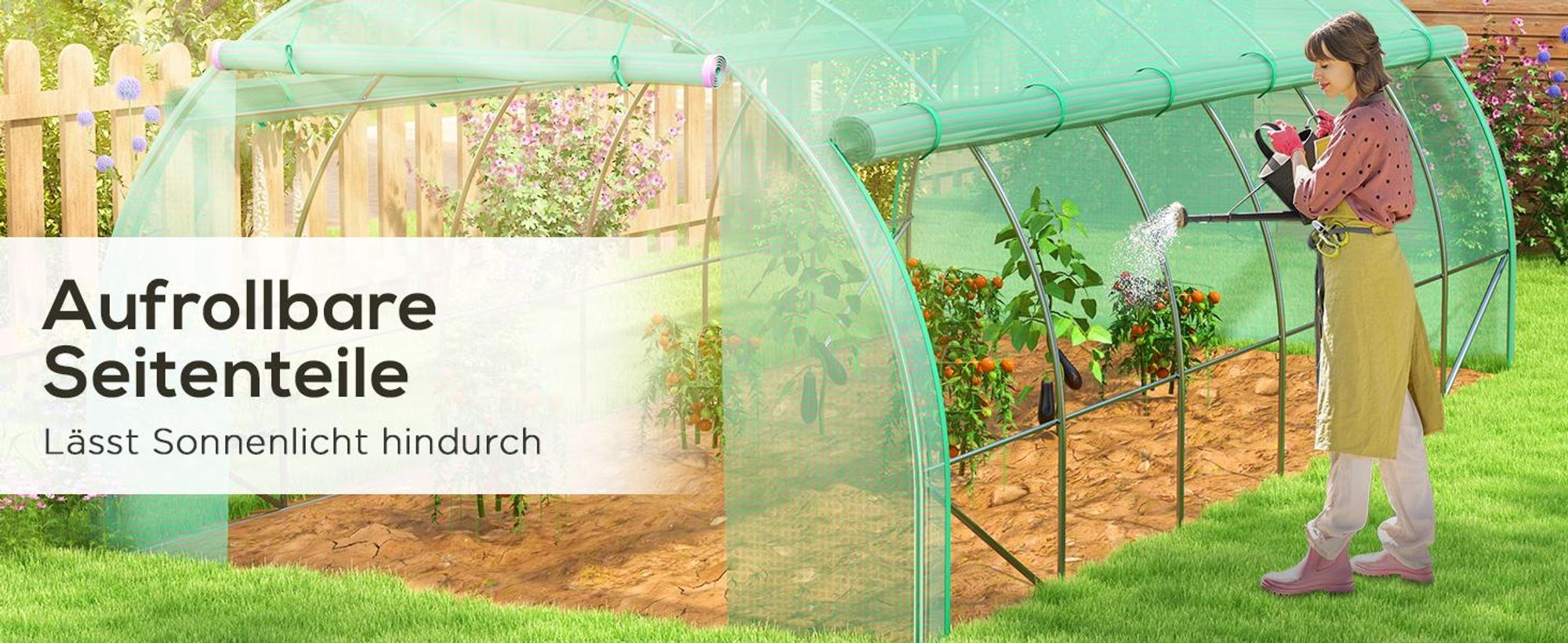 Outsunny Foliengewächshaus Polytunnel 3,97 x 3 x 2 m Abdeckungen aufrollbar Grün