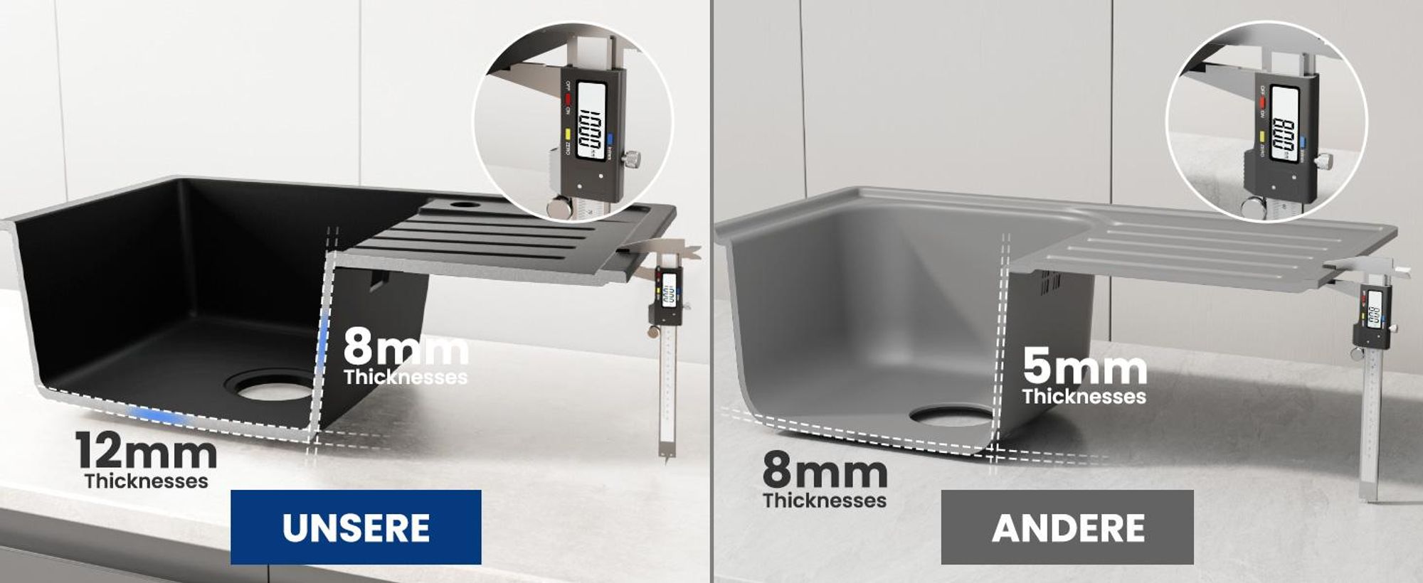 CECIPA Granitspüle Küchenspüle Granit Spülbecken 65x45, Aufsatzwaschbecken Anthrazitschwarzes Küchenspülbecken, Mit Abtropffläche