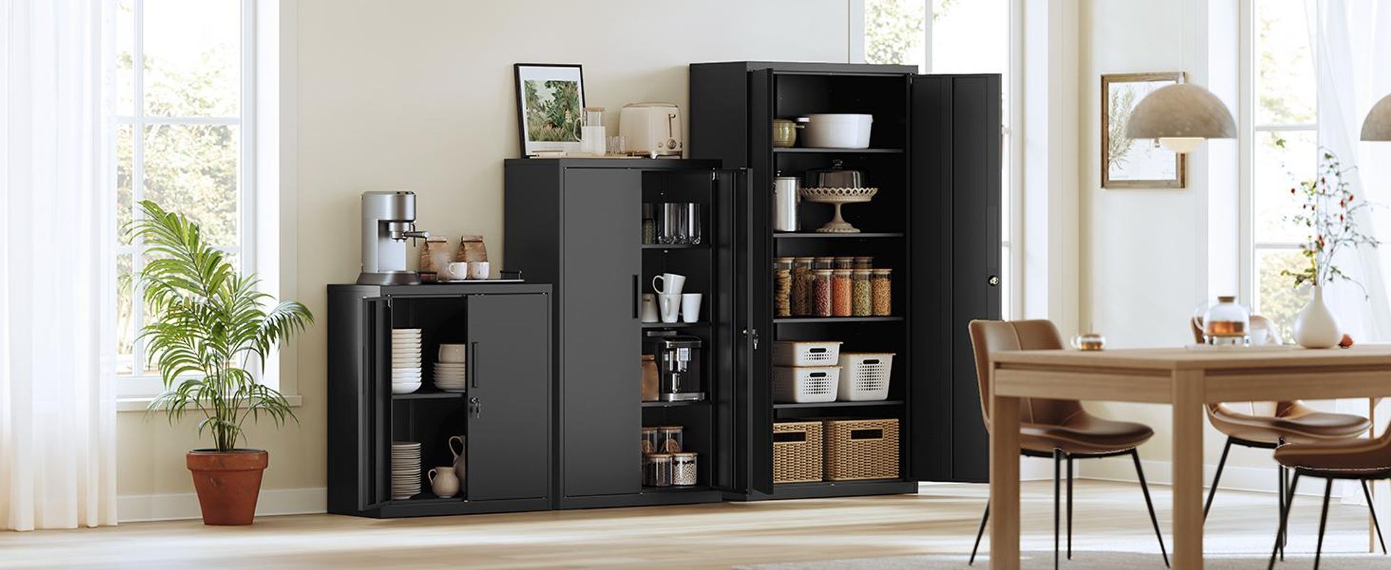 SONGMICS Stahlschrank mit 2 Türen, abschließbar, 3 verstellbare Ablagen, Aufbewahrungsschrank für Büro, 80 x 40 x 140 cm, schwarz