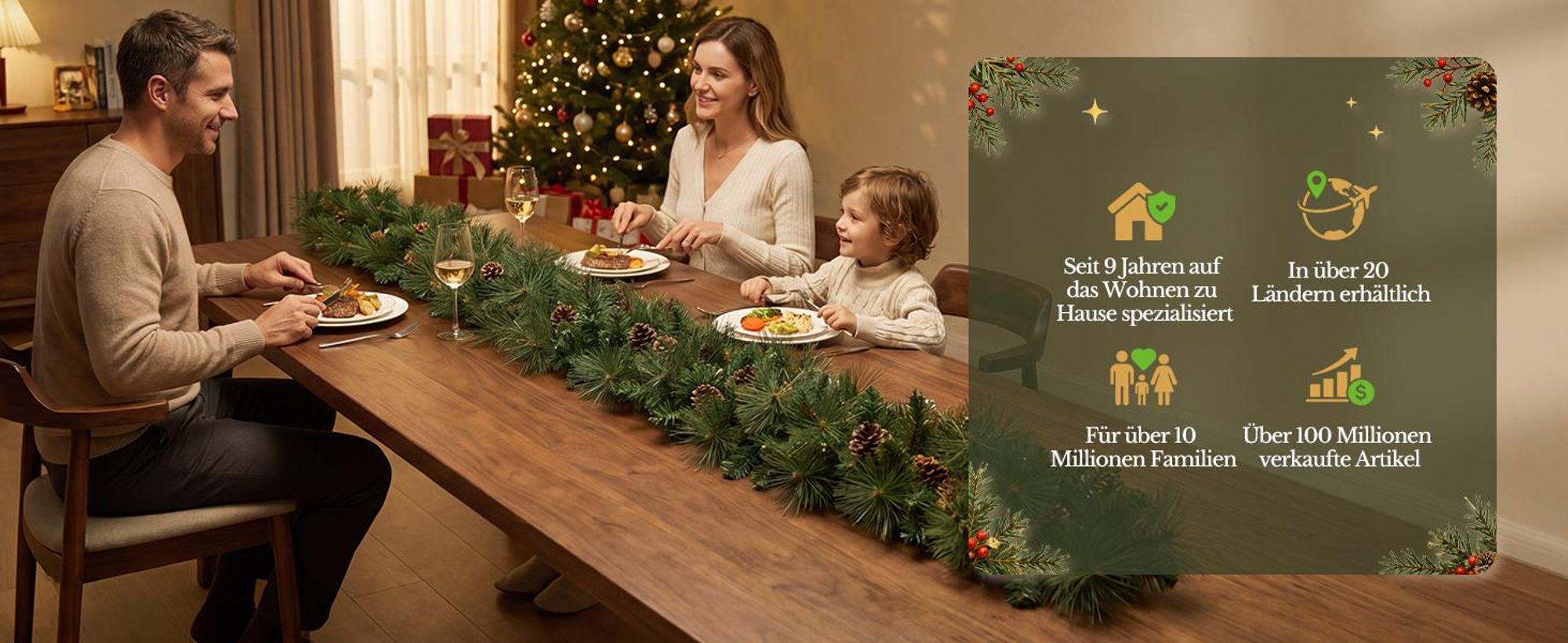 HOKEEPER Weihnachtsgirlande 180 cm mit grünen PVC-Nadeln & Zapfen