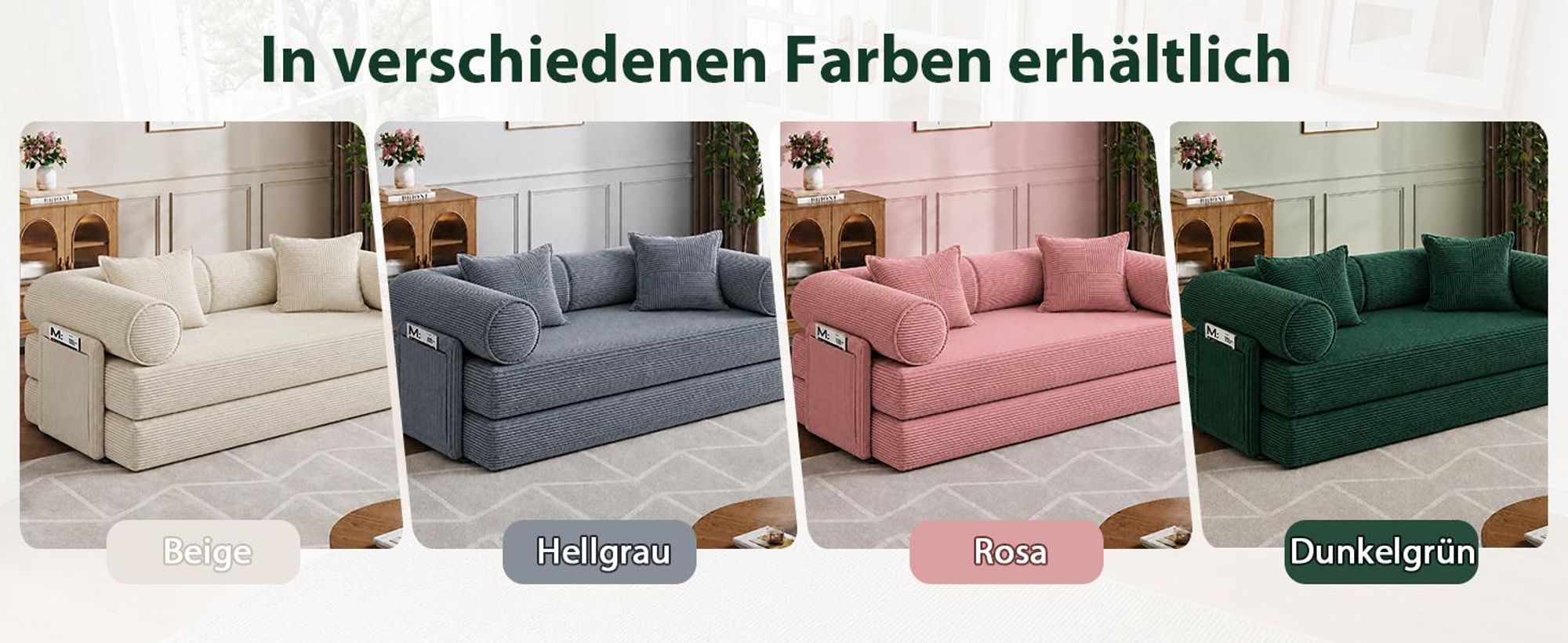 HOOLAMYIE 6-in-1 Modulares Schlafsofa aus Cord, Klappbares Polstersofa mit Seitentasche, montagefrei, Bodensofa 2-Sitzer, Grün