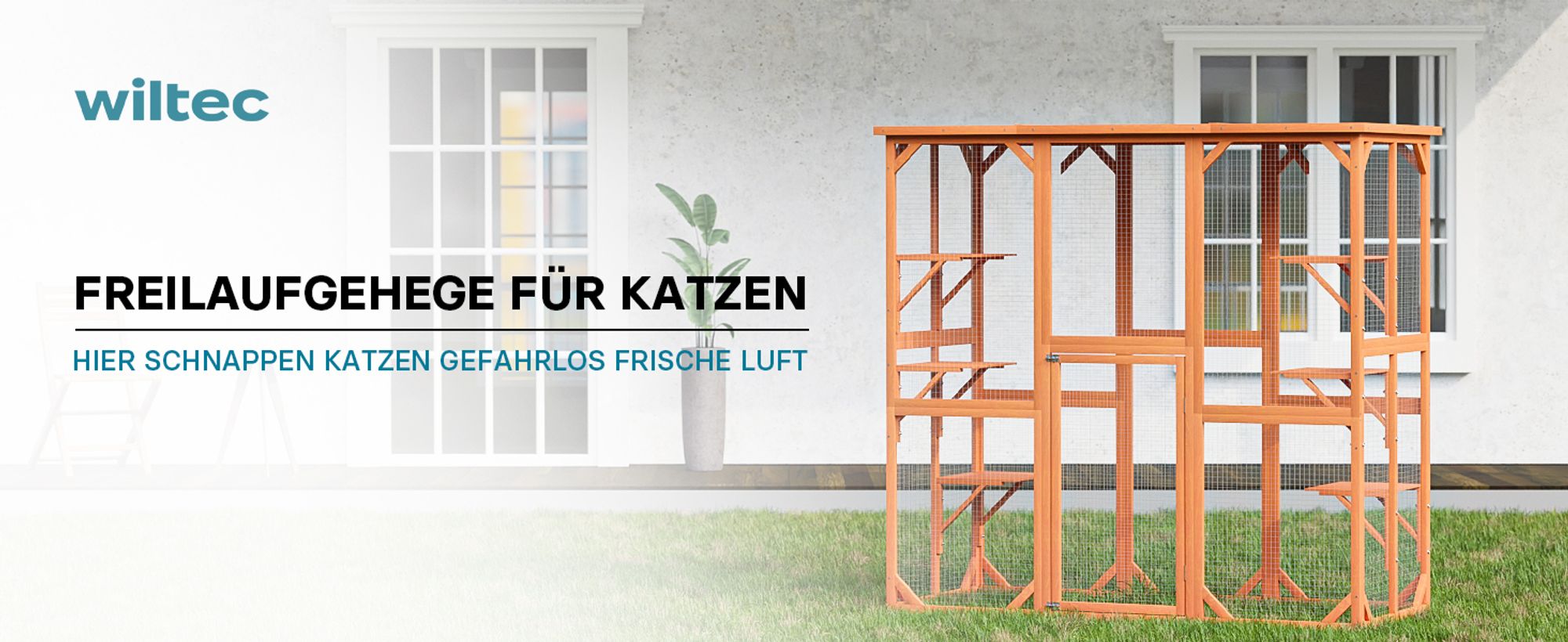 Wiltec Freilaufgehege Katzen 168 x 82 x 166,5 cm mit 6 Liegeflächen, wetterfestes Katzengehege Garten, Katzenhaus mit Drahtgitter und Bitumen Dach