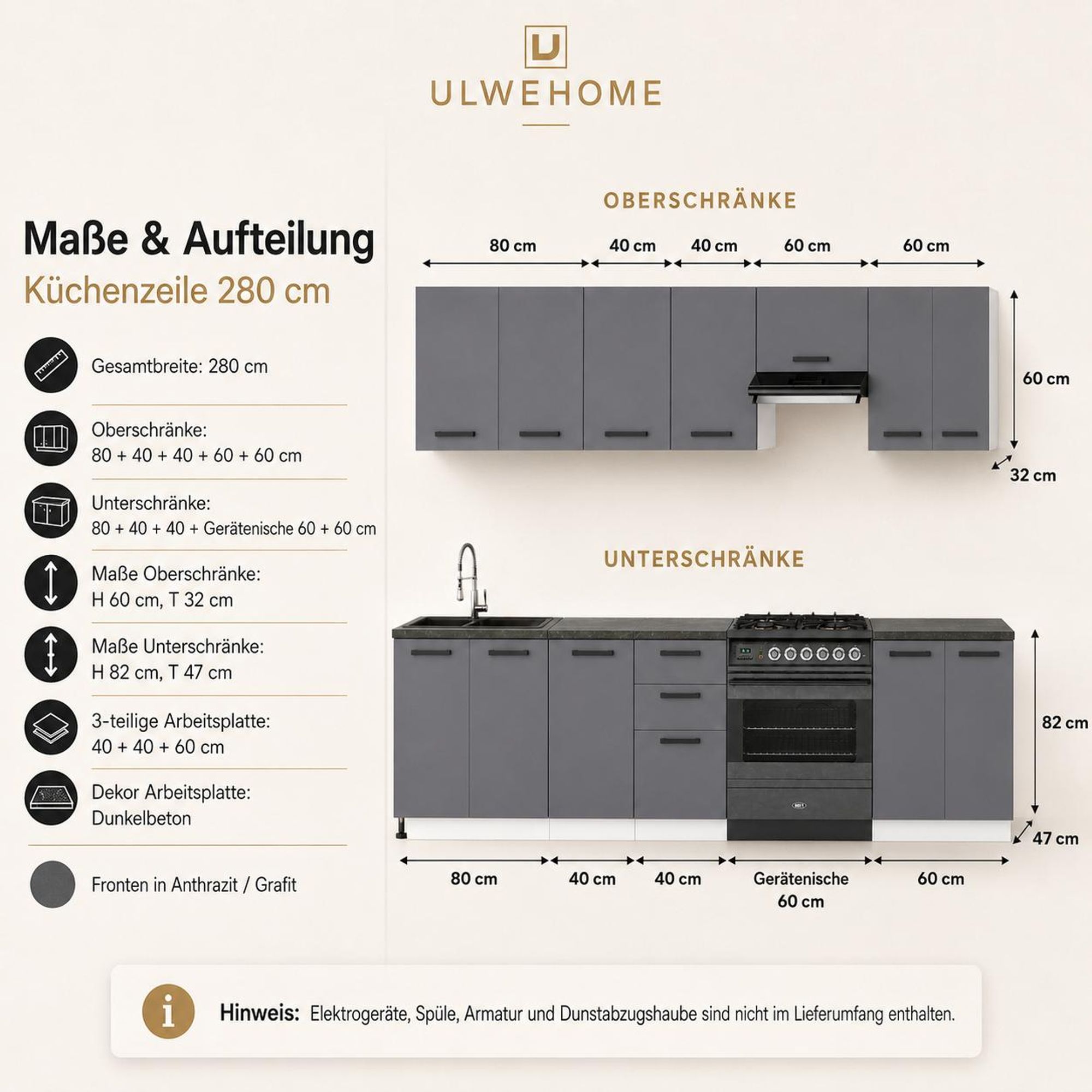 ULWEHOME Küchenzeile 280 cm Anthrazit – Funktionen, Stauraum und Schubladen