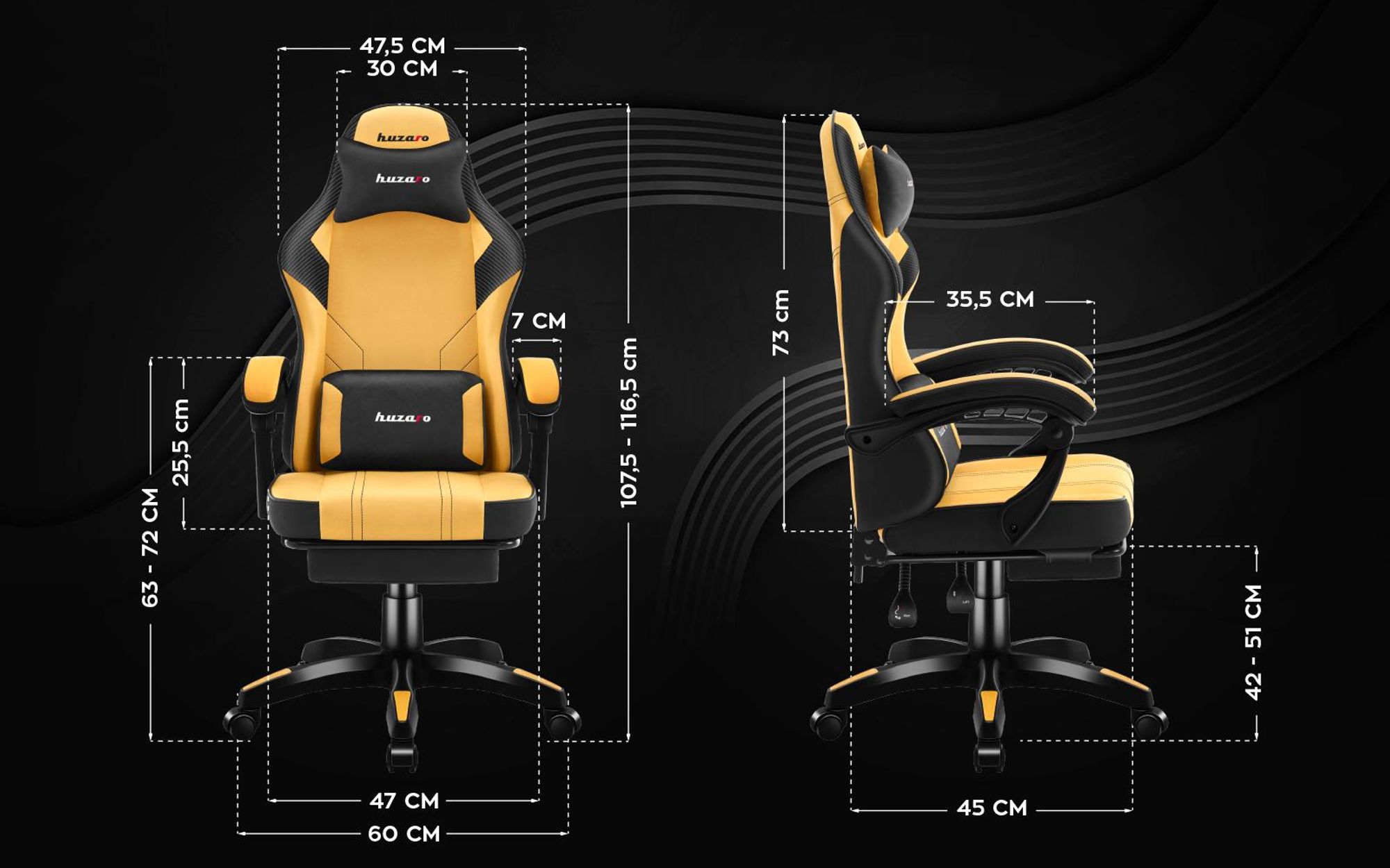 Huzaro Force 3.7 Yellow Gaming-Stuhl mit ergonomischem Design, verstellbarem Armlehnen und hochbelastbarem Stoff