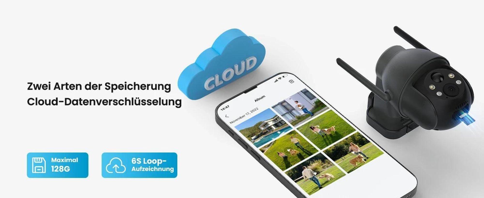 2K 3MP Überwachungskamera Aussen Solar 360° PTZ Kamera Aussen Akku 2.4GHz Kabellos Überwachungskamera mit PIR Bewegungsmelder Farb-Nachtsicht