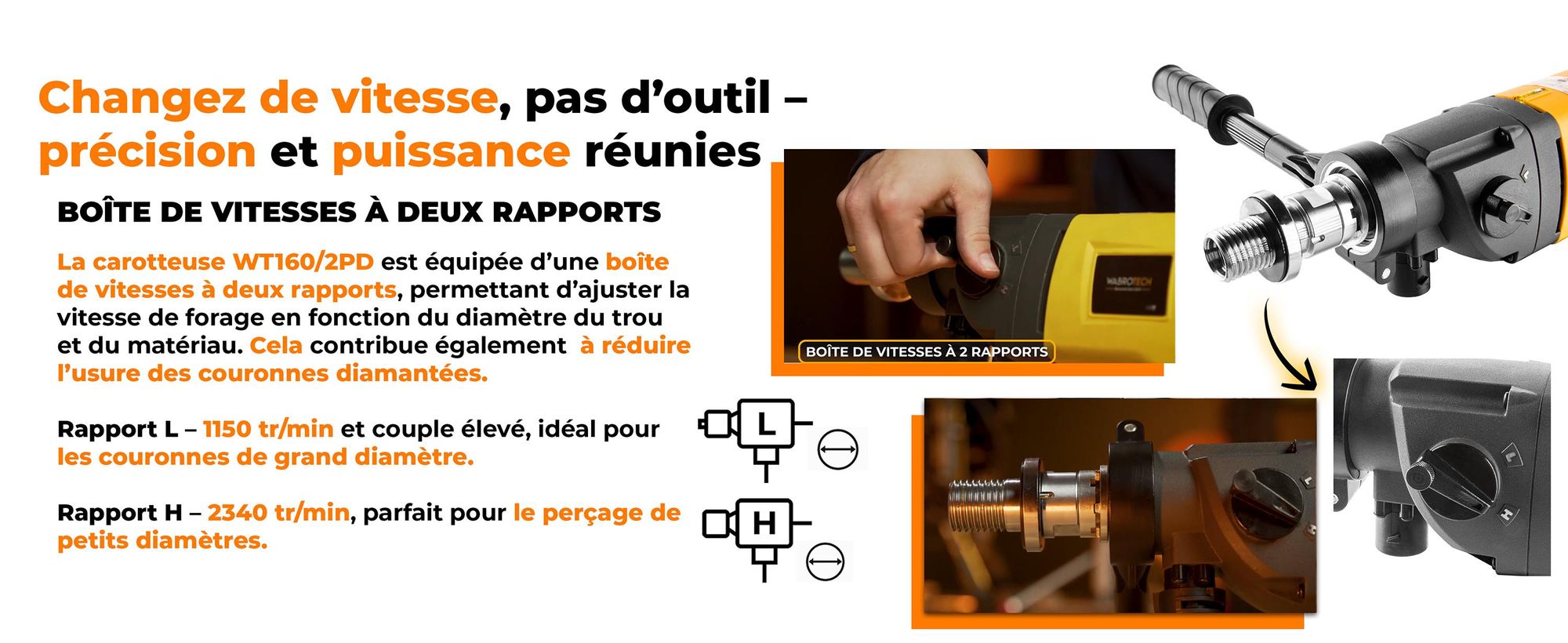 Carotteuse portative avec microprocesseur 1900 W carotteuse diamantée 2340 rpm carotteuse portative avec 2 engrenages 22-202 mm